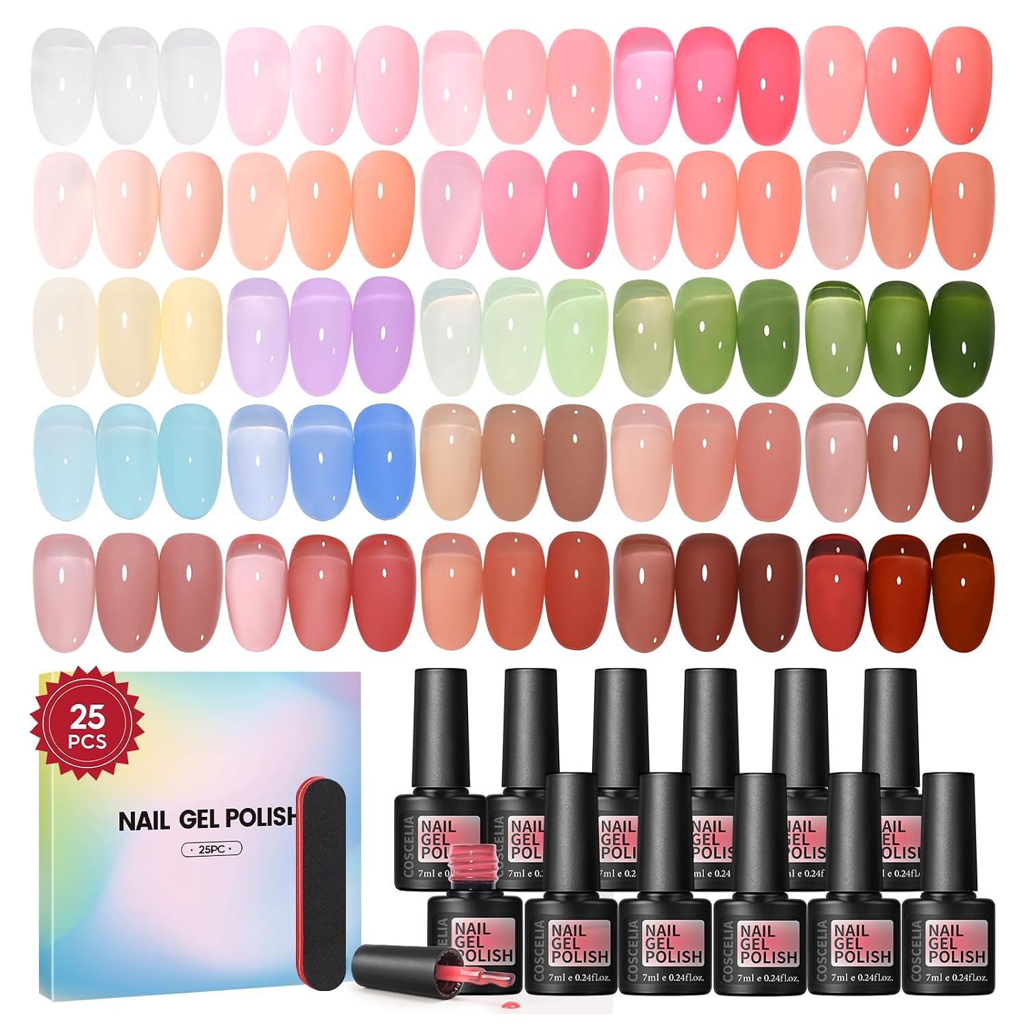 COSCELIA 25PCS Gel Nail Polish Set Spring Summer Colors Gel Nail Polish Soak Off with Glossy Matte Silver Golden Glitter Top Coat Red Brown Black White Green DIY Gifts for Women Girls : Beauty & Personal Care