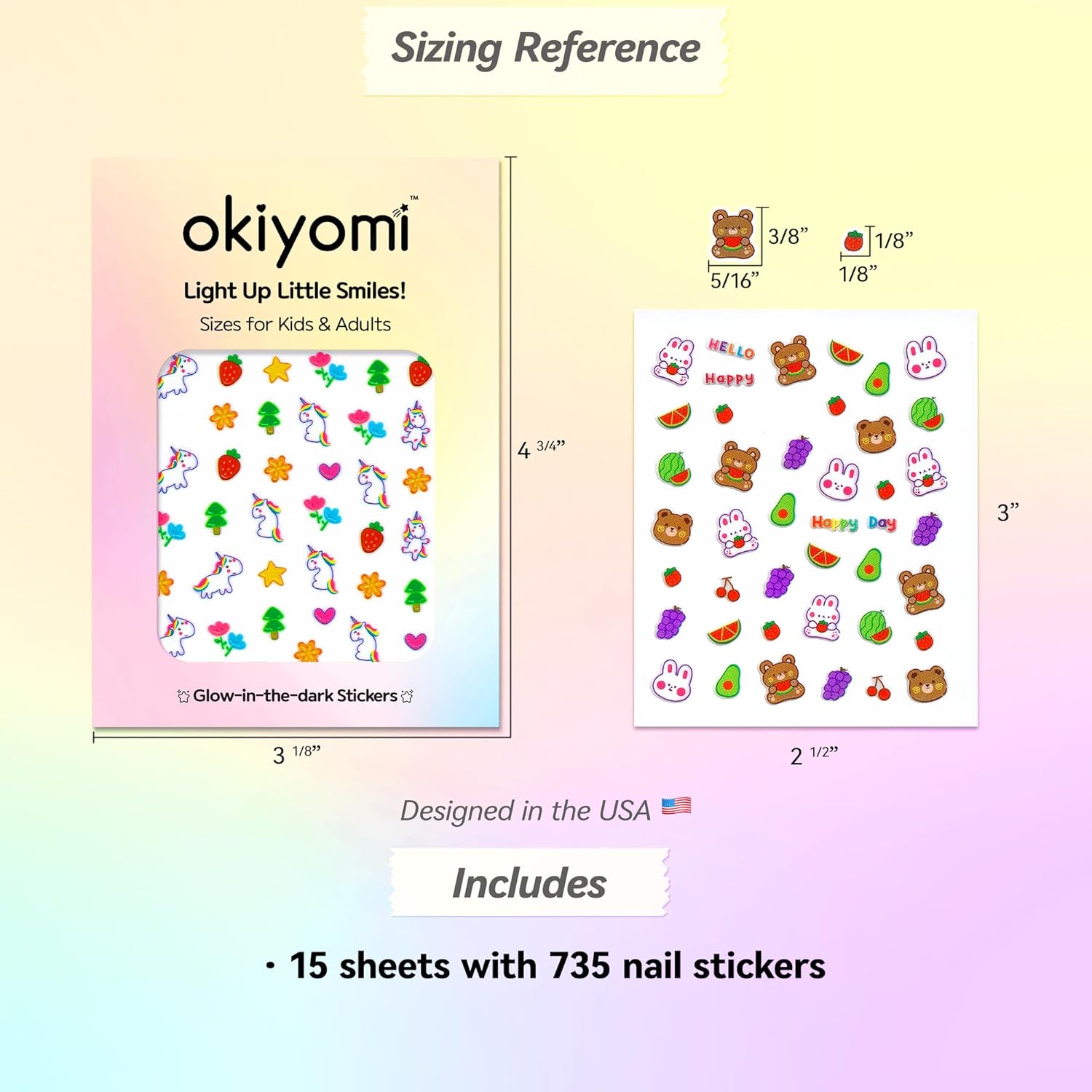 15 Sheets of Nail Stickers for Kids - 735 Cute Nail Stickers - Nail Decals for Girls - Flower. Bunny. Unicorn. Bear. Fruits | Glow in The Dark : Beauty & Personal Care