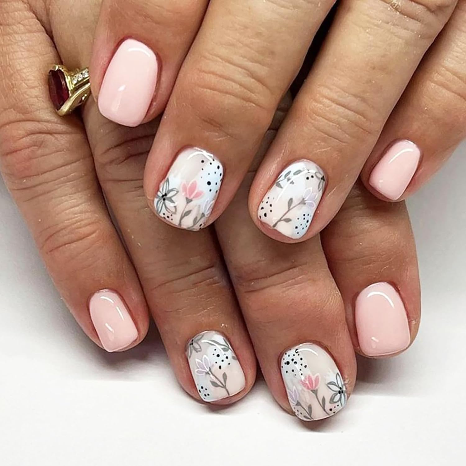 24Pcs Colorful Flower Press-On Nails - Short. Square. Fake. Spring-Summer Nail Art Set. Light Pink Acrylic. Full Cover Glossy False Nails for Women & Girls : Beauty & Personal Care