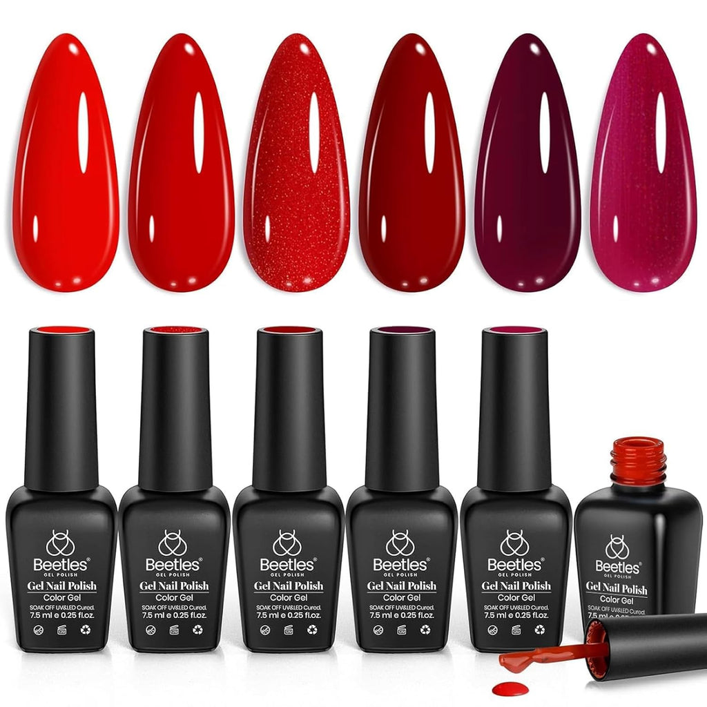 Beetles Red Gel Polish Set - 6 Colors Nail Gel Polish Popular Jelly Shimmer Regular Collection Nail Art Design Soak Off UV LED Nail Kit Minicure DIY Home Salon Spring Gift for Women : Beauty & Personal Care