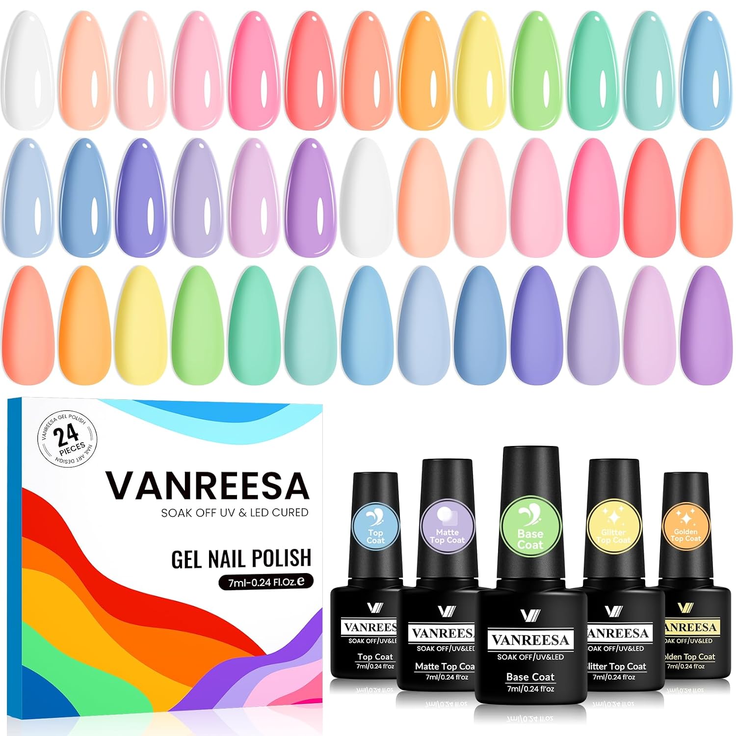 VANREESA 24 Pcs Neon Gel Nail Polish Set -Bright Summer Colors Gel Polish with Base Coat & 4 Effects of Top Coat Bright Yellow Orange Pink Red Green Blue Purple Gel Polish Set Nail Kit Gifts for Women : Beauty & Personal Care
