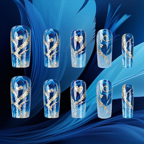 24Pcs Gold Curve Line Press on Nails Sea Acrylic Fake Nail Glossy Blue Gradient Medium Square False Nails Love Heart Stick on Fingernails Seaweed Gel Glue on Nail for Coquette Women Girls : Beauty & Personal Care