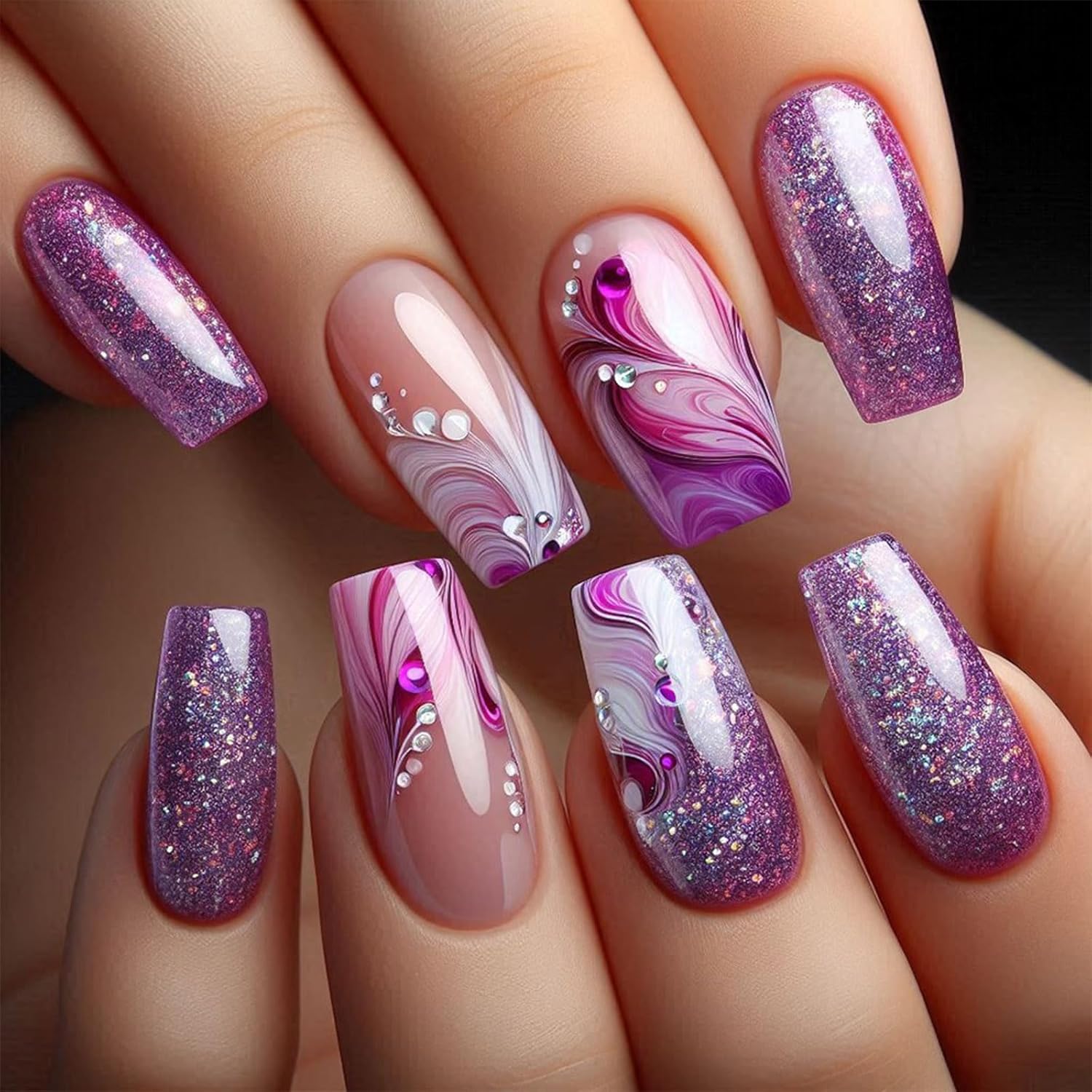 24Pcs Gold Curve Line Press on Nails Sea Acrylic Fake Nail Glossy Blue Gradient Medium Square False Nails Love Heart Stick on Fingernails Seaweed Gel Glue on Nail for Coquette Women Girls : Beauty & Personal Care
