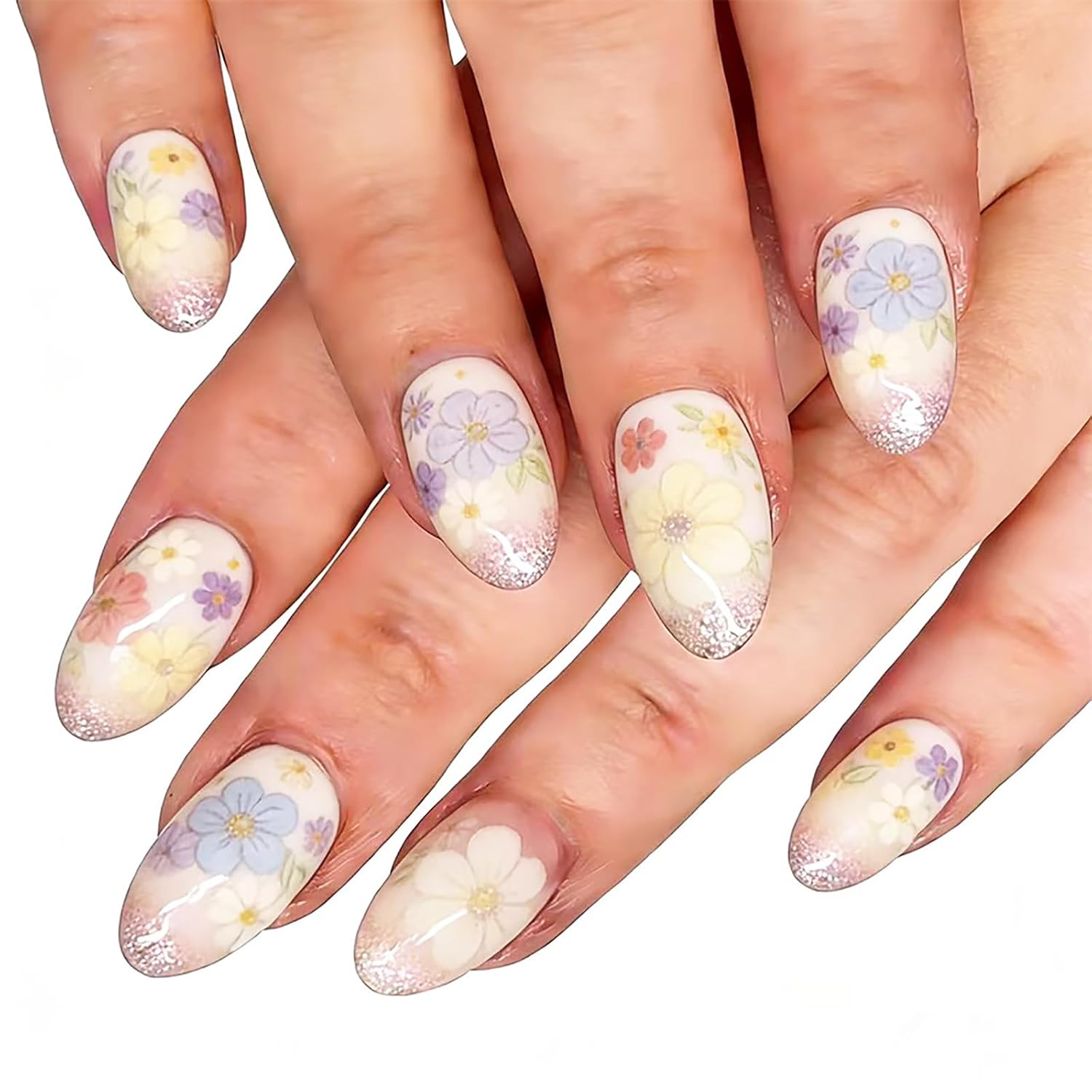 24Pcs Colorful Flower Press-On Nails - Short. Square. Fake. Spring-Summer Nail Art Set. Light Pink Acrylic. Full Cover Glossy False Nails for Women & Girls : Beauty & Personal Care