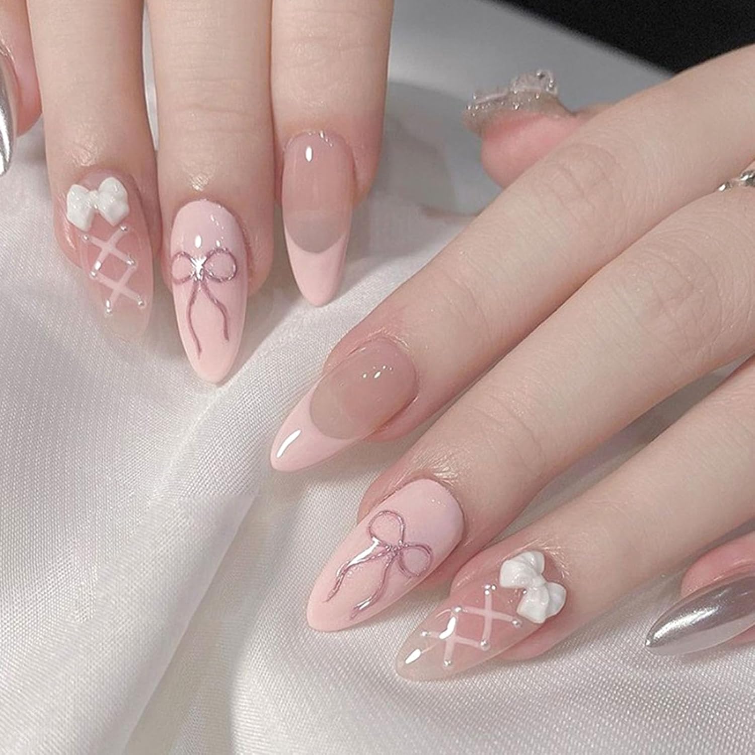 Short Press On Almond Fake Nails - Flower Acrylic Fall Nails Press Ons Full Cover Glue On Cute False Floral Stick On Nails for Women - 30 Pcs : Beauty & Personal Care
