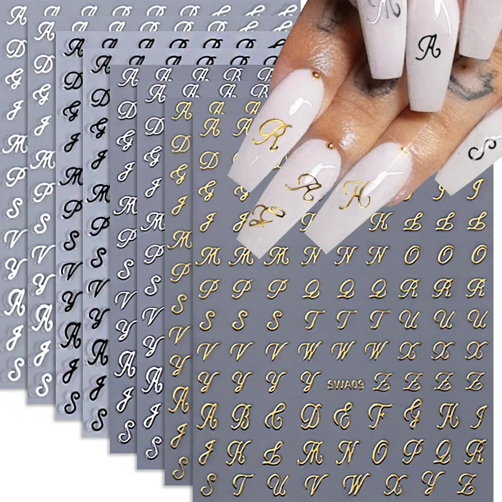 Letter Nail Stickers. 8 Sheets Old English Letter Nail Decals 3D Self-Adhesive Gold Silver Black White Retro English Pattern Old Alphabet Cursive Design Manicure Nail Accessories for Women Girls : Beauty & Personal Care