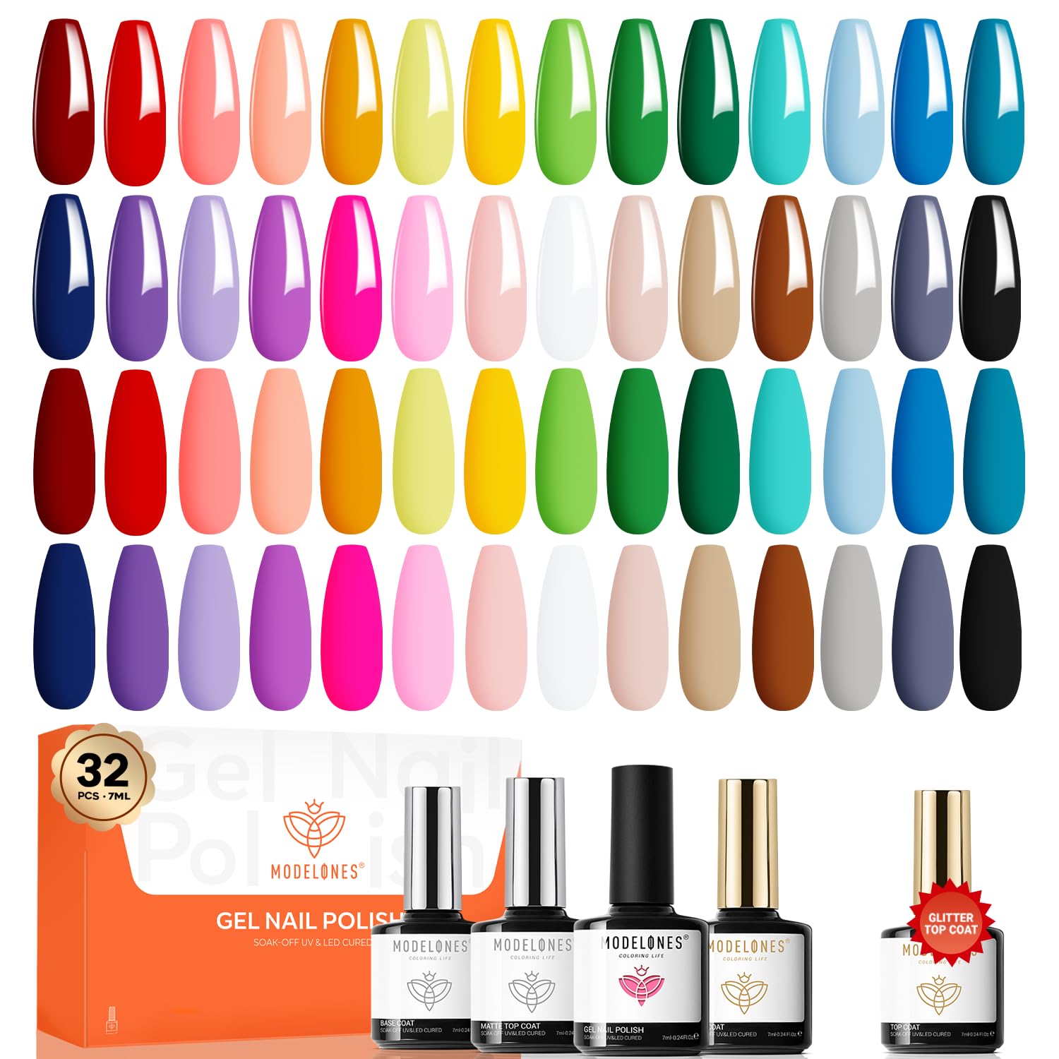 modelones 32 PCS Gel Nail Polish Set. 28 Colors Gel Polish with No Wipe Base Coat. Glitter & Glossy & Matte Top Coat Black Brown Red Purple Soak Off LED Nail Art Kit Salon at Home : Beauty & Personal Care