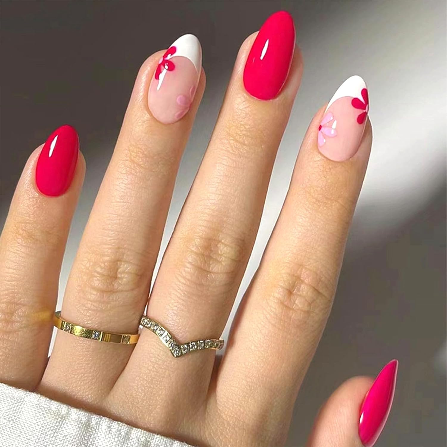 Short Press On Almond Fake Nails - Flower Acrylic Fall Nails Press Ons Full Cover Glue On Cute False Floral Stick On Nails for Women - 30 Pcs : Beauty & Personal Care