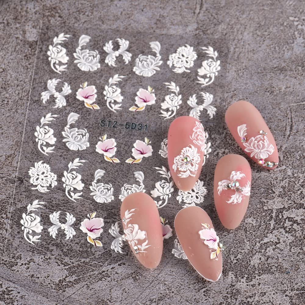 5D Spring Embossed Flower Nail Art Stickers 4 Sheets JMEOWIO Real Self-Adhesive Decals Floral Design Nail Decoration for Women Girls : Beauty & Personal Care