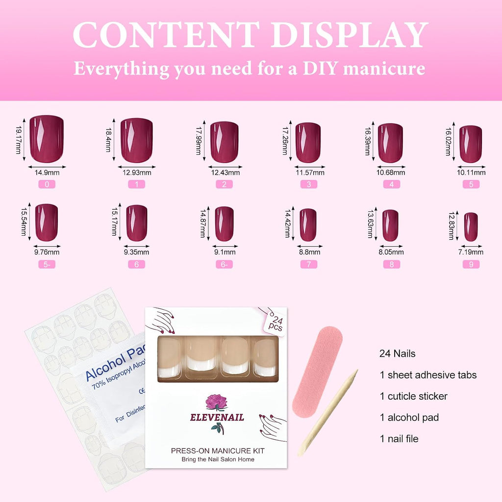 ELEVENAIL Press on Nails Glossy Dark Rose Pink False Nails Medium Length Squoval Nail Art Tips Salon Women Girls DIY Manicure Daily Reusable Daily Office Home Party Acrylic Stick On Fake Nails : Beauty & Personal Care