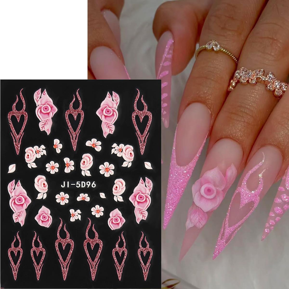 Fcozpjk 5D Embossed White Flowers Nail Stickers. 5 Sheets Self-Adhesive Floral Nail Decals. Spring Rose Butterfly Nail Art. 3D Acrylic Flowers for Manicure Decor : Beauty & Personal Care