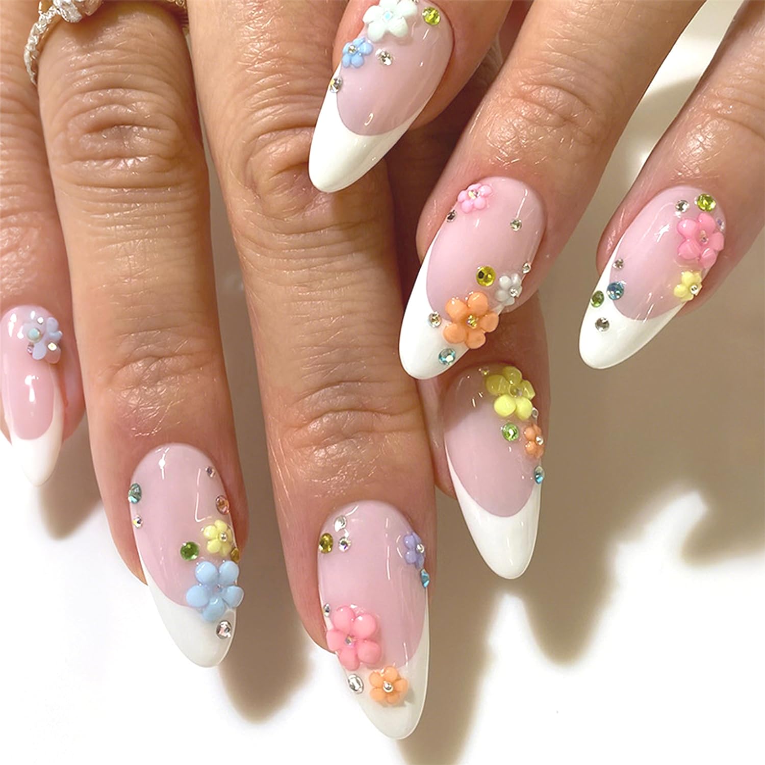 YKZFUI French Tip Press on Nails with Charms. Medium. Cute Bow. Long Square Shape. Acrylic Fake Stick On Nails with Heart and Rhinestones for Women Daily Wear. White : Beauty & Personal Care