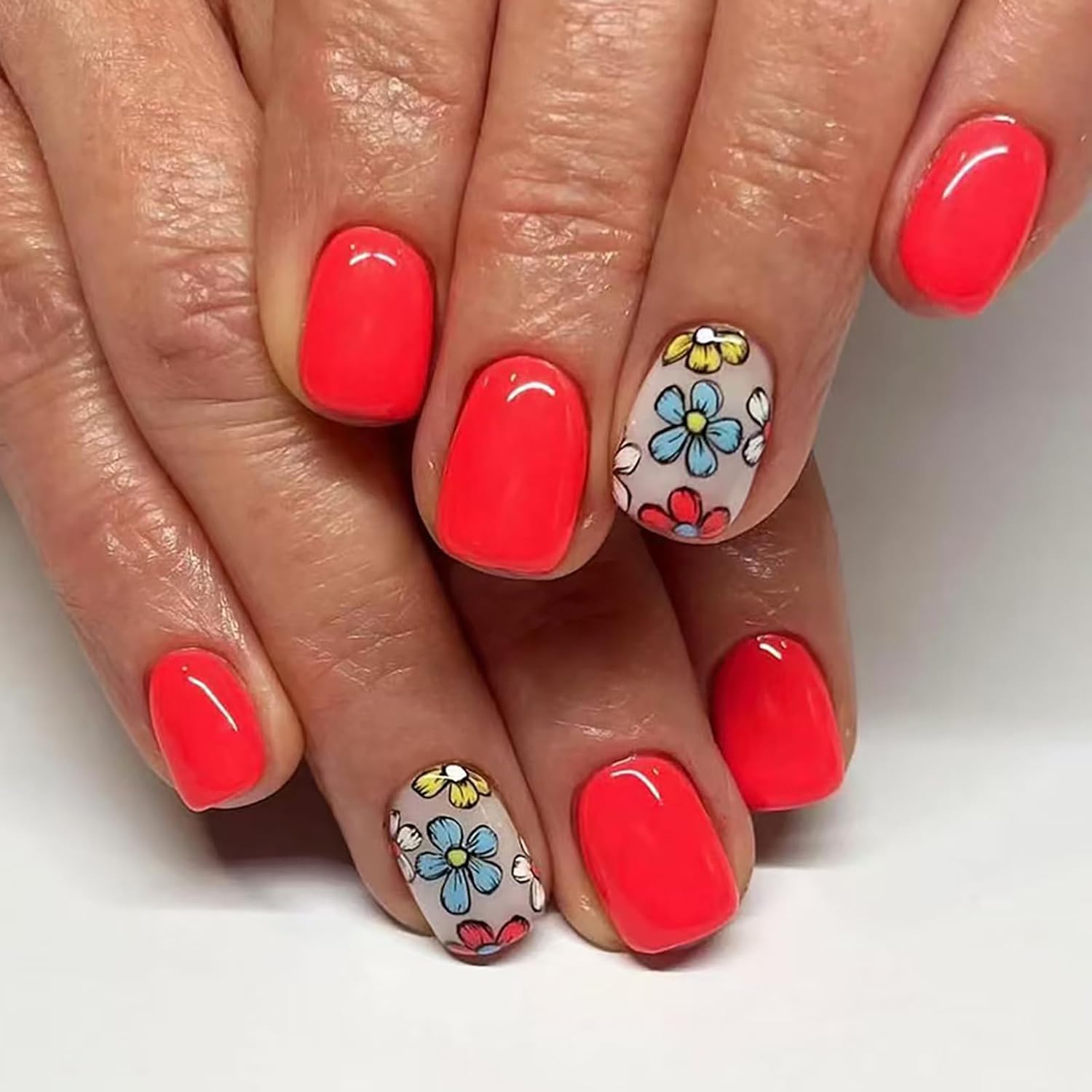 24Pcs Colorful Flower Press-On Nails - Short. Square. Fake. Spring-Summer Nail Art Set. Light Pink Acrylic. Full Cover Glossy False Nails for Women & Girls : Beauty & Personal Care