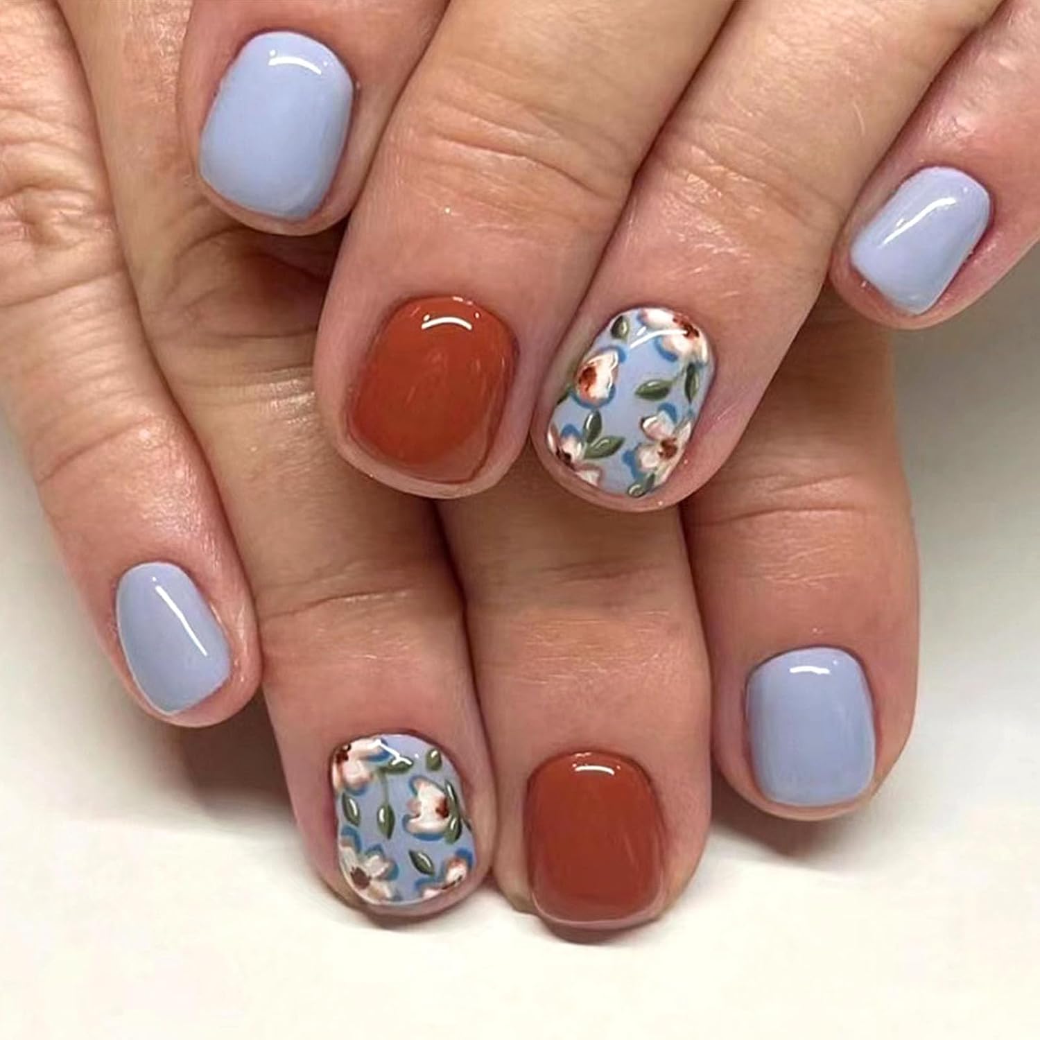 Square Press on Nails Short Sea Blue Fake Nails Glossy Acrylic Nails Press ons Full Cover False Nails with Golden Glitter Designs Glue Stick on Nails for Women Girls 24 Pcs : Beauty & Personal Care