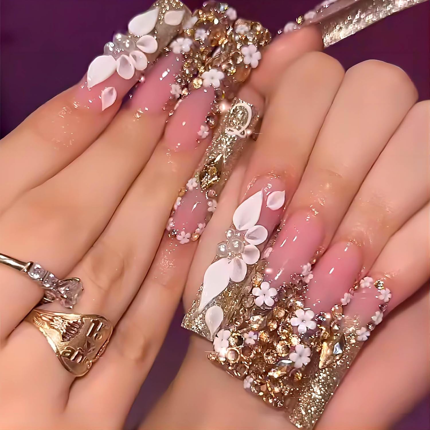 RUOKEXIN Heart Press On Nails Medium Square Fake Nails Glitter Glossy Acrylic False Nails with Rhinestones Designs Ombre Pink Full Cover Press Ons Fall Winter Holiday Stick on Nails for Women 24Pcs : Beauty & Personal Care