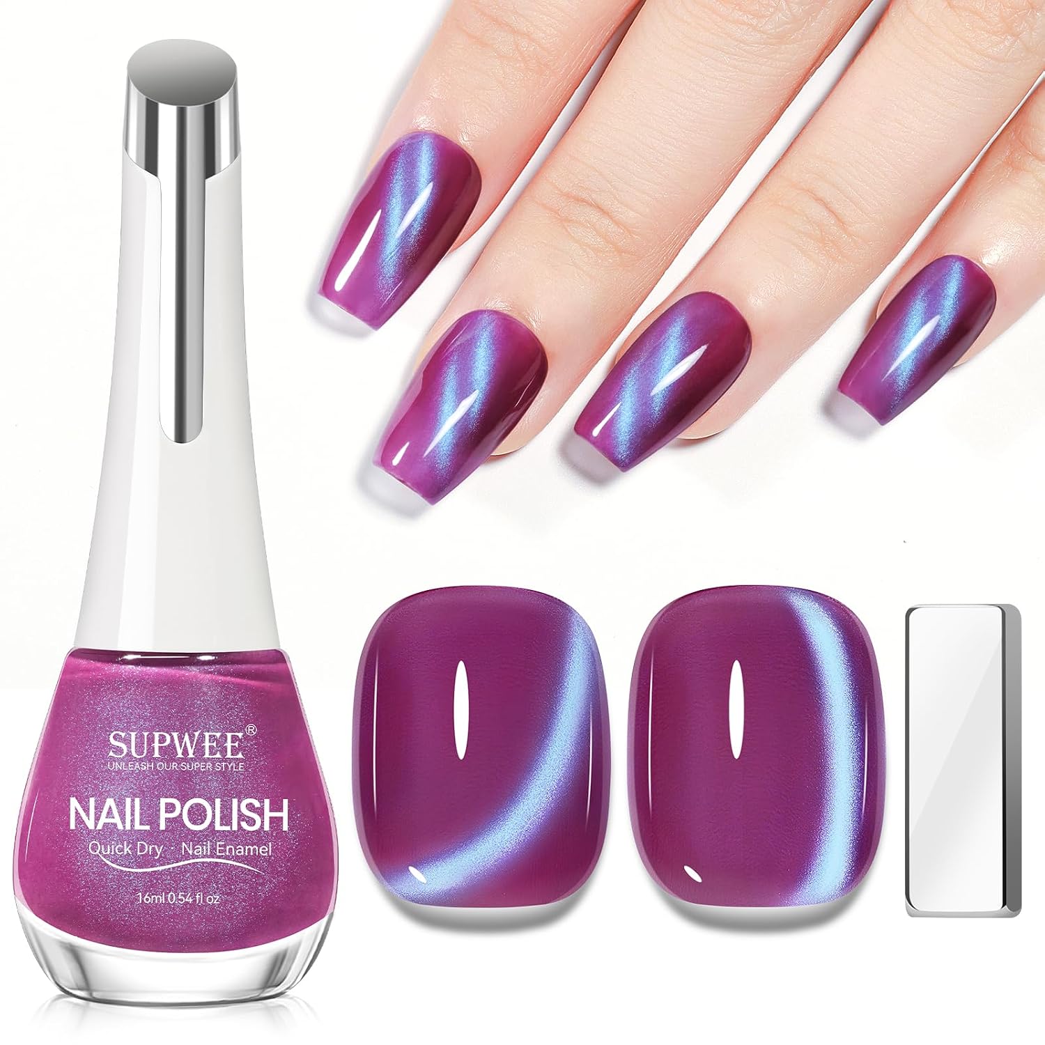 SUPWEE Cat Eye Nail Polish Non Gel with Magnet- Need to Use Black Base. Quick Dry Cateye Magnetic Nail Polish for Fingernail Air Drying Fast Lacquer Manicure Gift For Women Girls 16ml. 0.54fl oz : Beauty & Personal Care