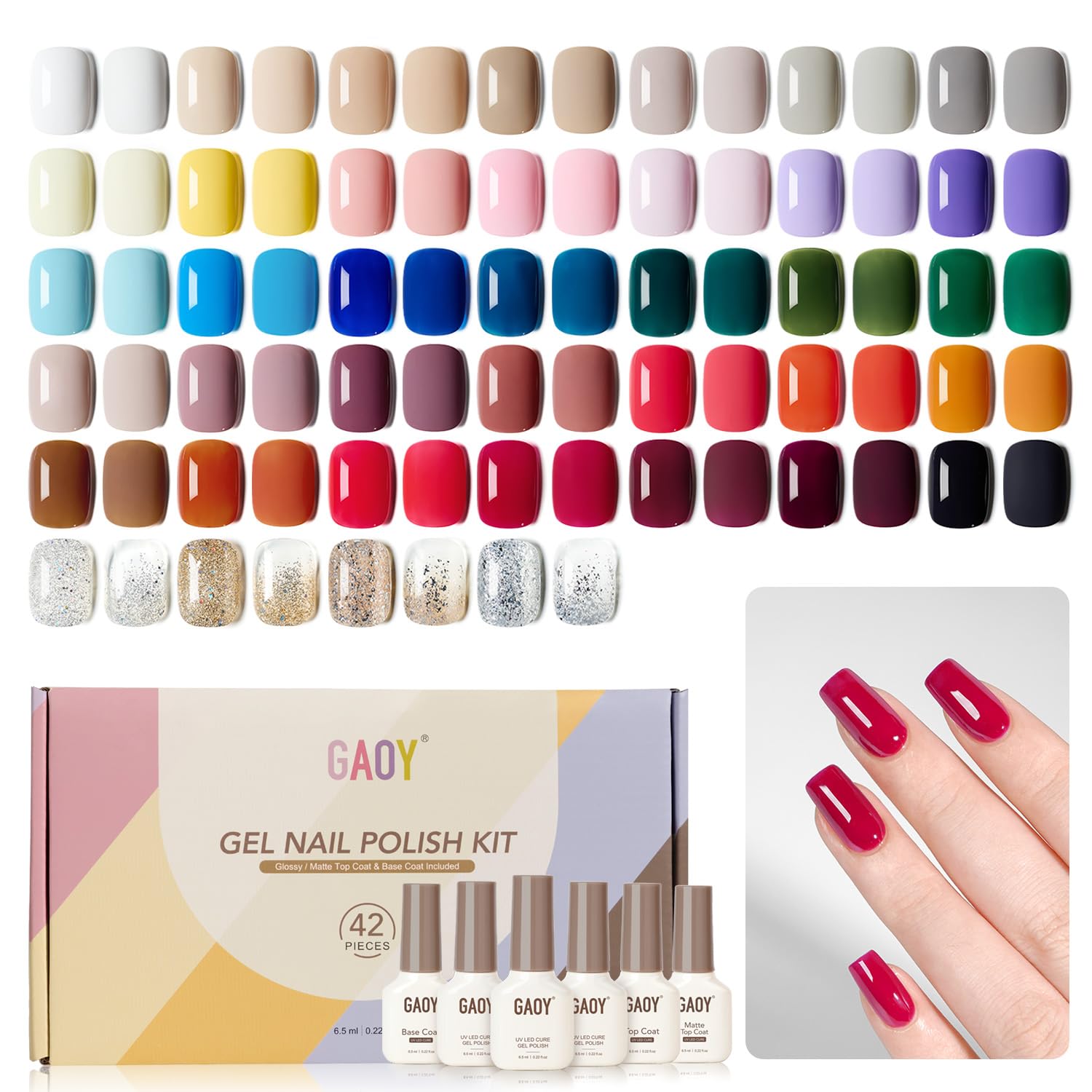 GAOY 42 Pcs Gel Nail Polish Kit. Pink White Red Jelly Nude Colors All Seasons Gel Nail Polish Set with Glossy & Matte Top Coat and Base Coat for DIY Manicure at Home : Beauty & Personal Care