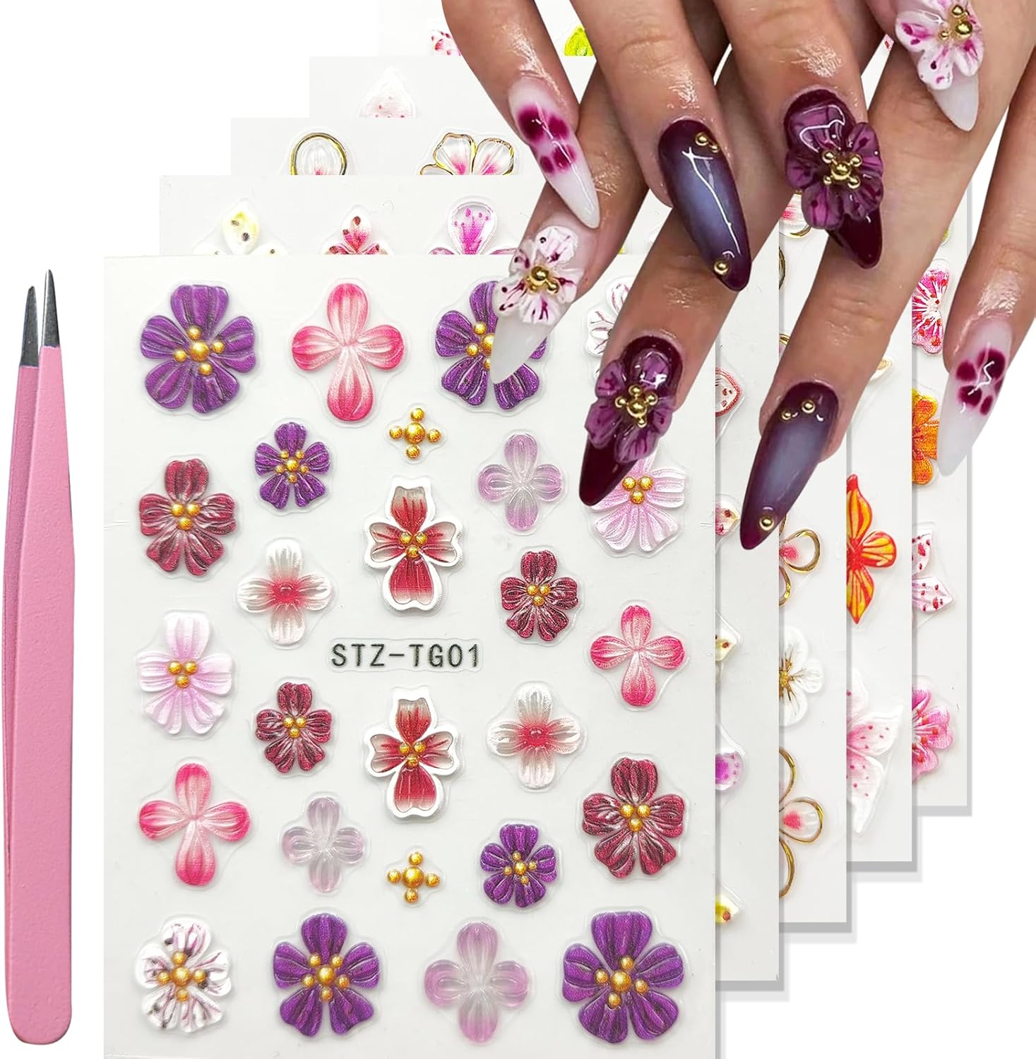 YOSOMMK Nail Art Stickers Decals 5D Embossed Flower Nail Decals Self Adhesive Spring Summer Heart Daisy Nail Supplies 3D Nail Design for Women Nail Decoration Colorful Flower Nail Stickers : Beauty & Personal Care