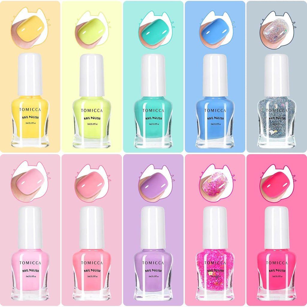 TOMICCA Kids Nail Polish Set. Non Toxic Quick Dry Water-Based Peel-Off 10 Colors Toddler Nail Polish Kit Natural Safe Quick Diy Kids Gifts Kit for Girls Ages 5+ : Beauty & Personal Care