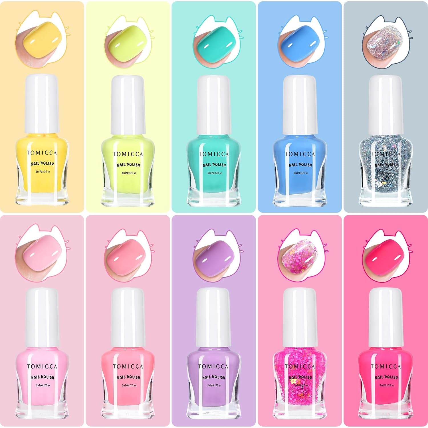 TOMICCA Kids Nail Polish Set. Non Toxic Quick Dry Water-Based Peel-Off 10 Colors Toddler Nail Polish Kit Natural Safe Quick Diy Kids Gifts Kit for Girls Ages 5+ : Beauty & Personal Care