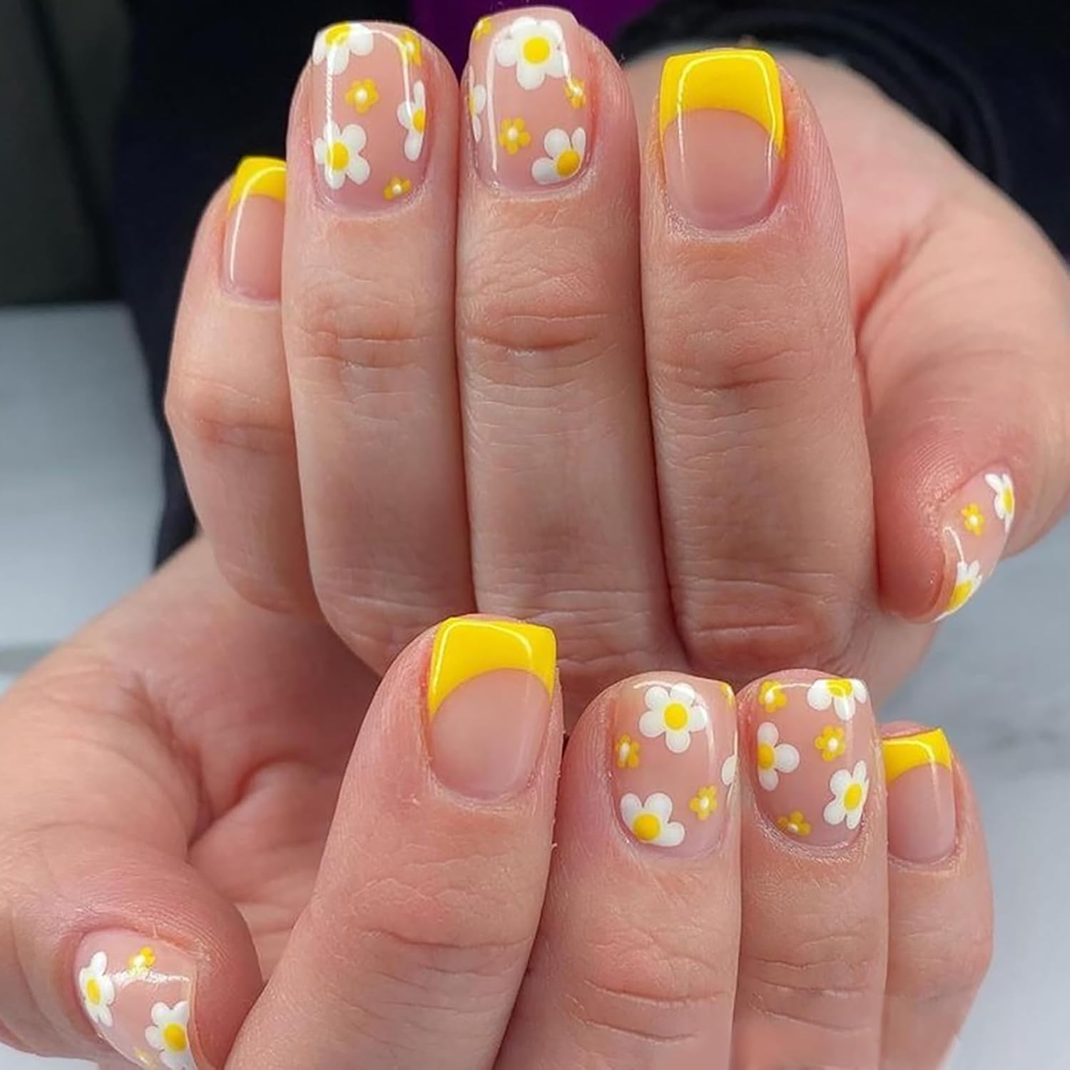 24Pcs Colorful Flower Press-On Nails - Short. Square. Fake. Spring-Summer Nail Art Set. Light Pink Acrylic. Full Cover Glossy False Nails for Women & Girls : Beauty & Personal Care