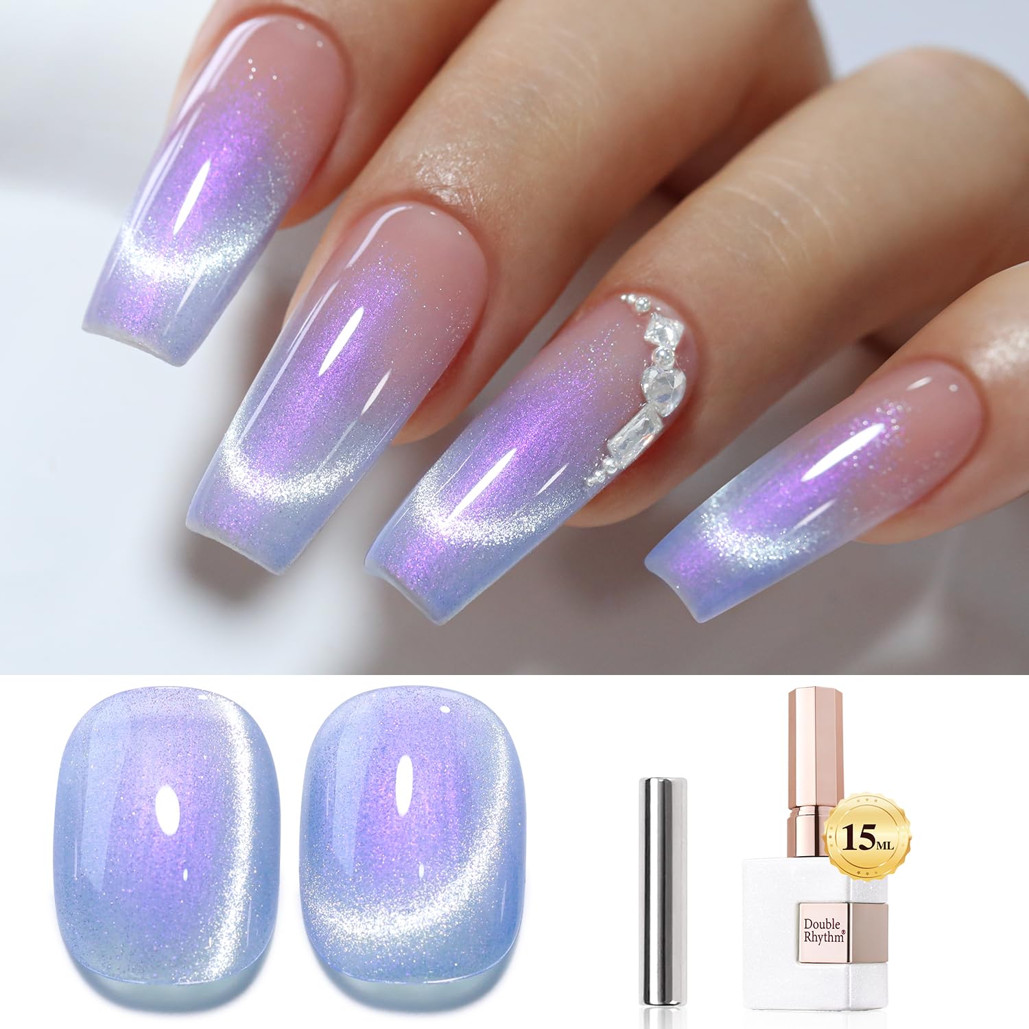 Double Rhythm 0.5 OZ Cat Eye Gel Polish with Magnet 15ML Holographic Glitter Shimmer Translucent Jelly Color Magnetic Polish Salon DIY at Home (Silver-MC1019) : Beauty & Personal Care
