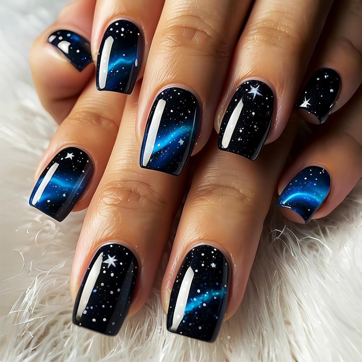 24Pcs Gold Curve Line Press on Nails Sea Acrylic Fake Nail Glossy Blue Gradient Medium Square False Nails Love Heart Stick on Fingernails Seaweed Gel Glue on Nail for Coquette Women Girls : Beauty & Personal Care
