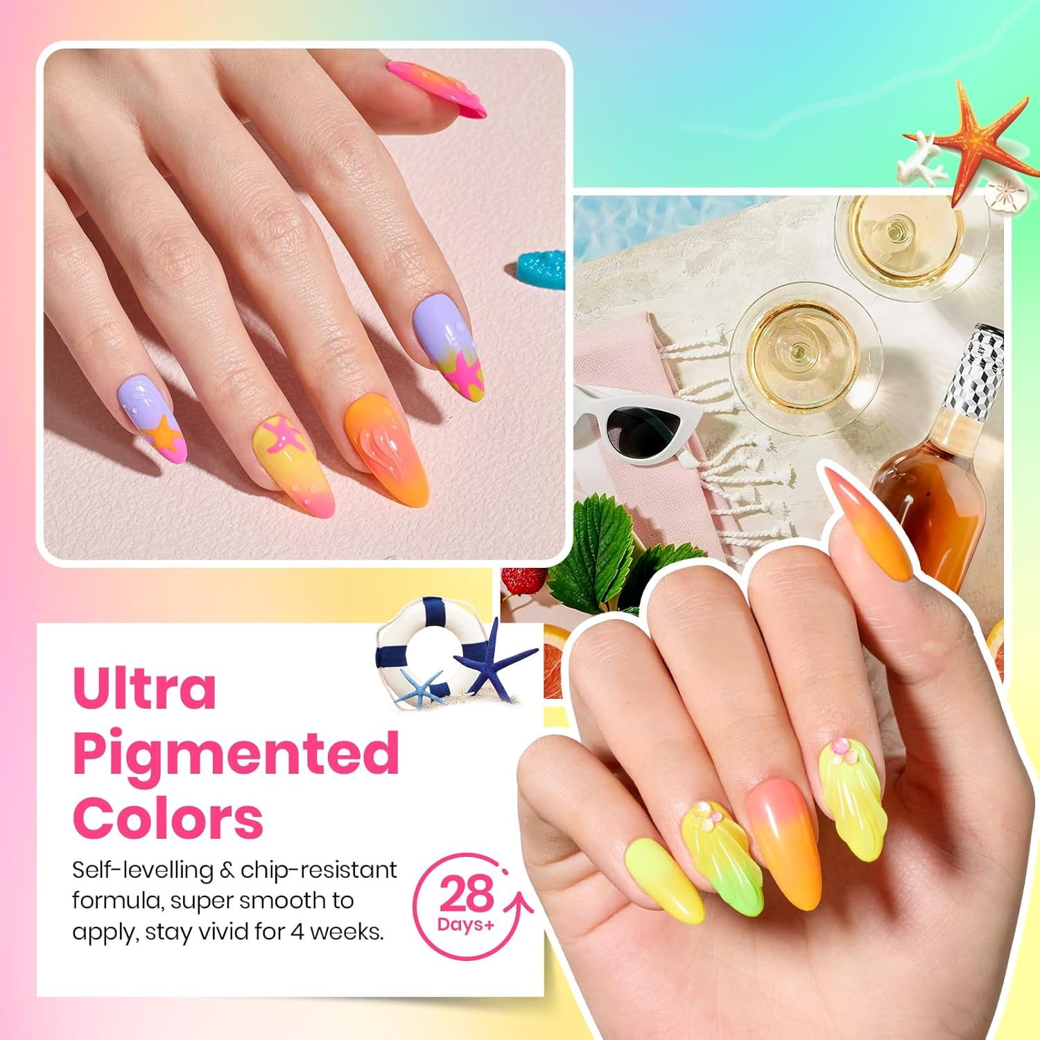 Beetles Summer Gel Polish Set - 36 Colors Bright Neon Gel Nail Polish Pink Orange Red Green Blue 4th of July Nail Polish with 4Pcs Base Top Coat Soak Off Colorful Collection UV Nail Gel : Beauty & Personal Care