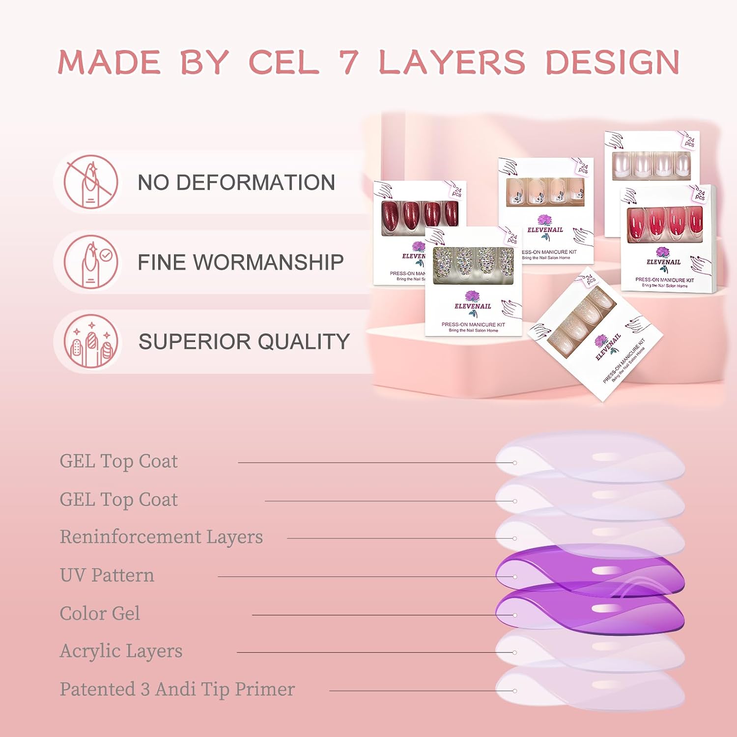ELEVENAIL Daily Glossy Deep Purple Pink Red Press on False Nails Short Square Fake Fingernails Salon DIY Reusable Acrylic Nail Art Tips Manicure Gifts with Adhesive Tabs Nail File : Beauty & Personal Care