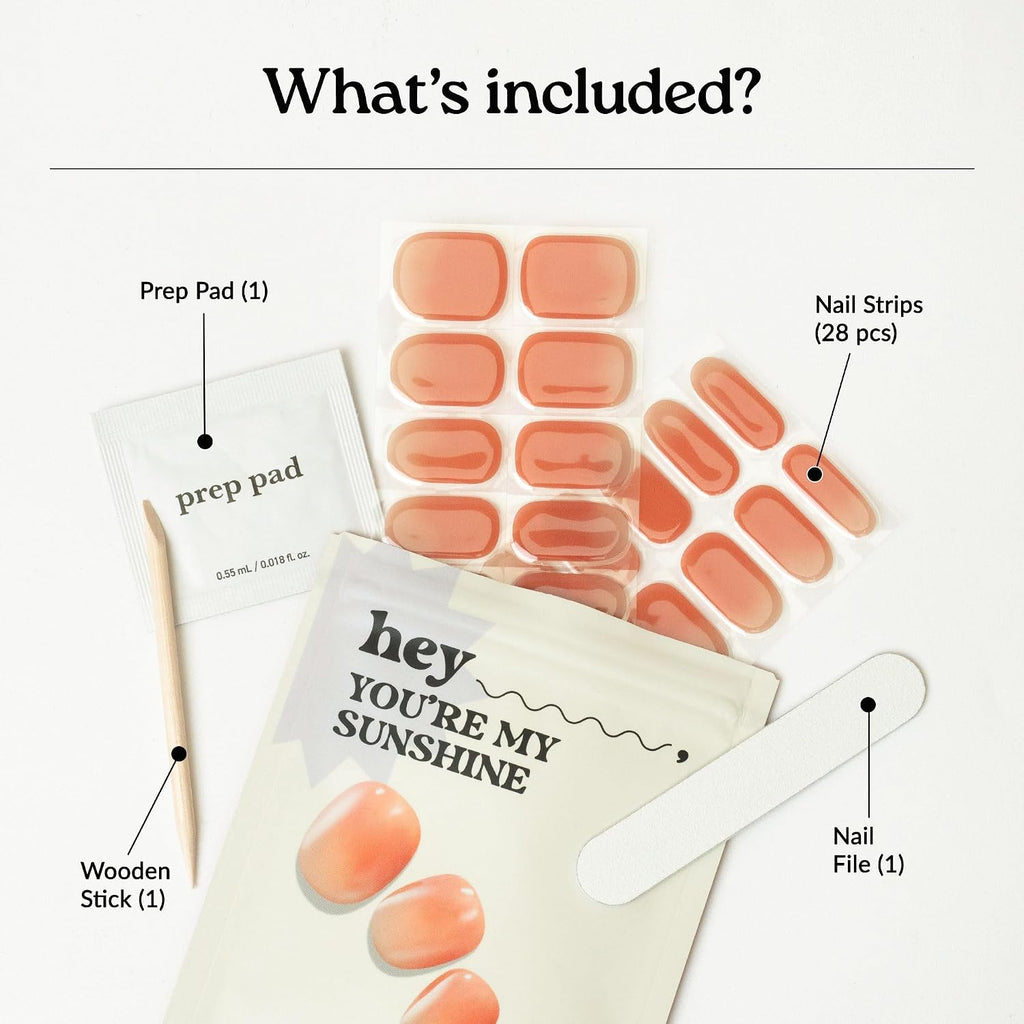 Heyhae Semi Cured Gel Nail Strips | No LED Lamp Needed | Ombre. Orange. Spring | Easy Apply & Remove. Salon Quality |Includes 28 Strips. 1 Prep Pads. Nail File & Wooden stick - Hey. You're My Sunshine : Beauty & Personal Care