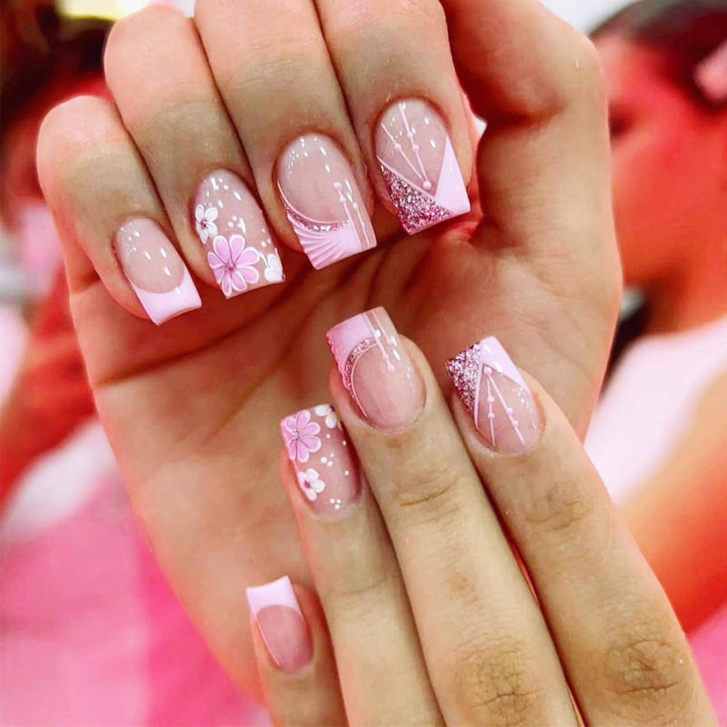 24Pcs Gold Curve Line Press on Nails Sea Acrylic Fake Nail Glossy Blue Gradient Medium Square False Nails Love Heart Stick on Fingernails Seaweed Gel Glue on Nail for Coquette Women Girls : Beauty & Personal Care