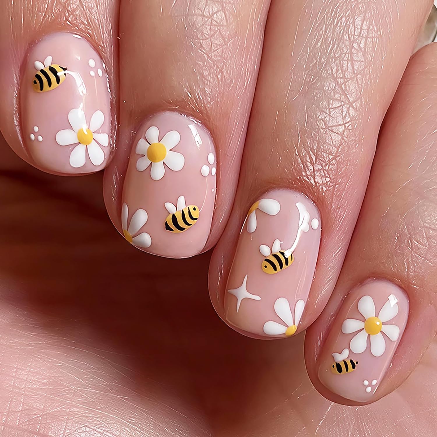 24Pcs Colorful Flower Press-On Nails - Short. Square. Fake. Spring-Summer Nail Art Set. Light Pink Acrylic. Full Cover Glossy False Nails for Women & Girls : Beauty & Personal Care