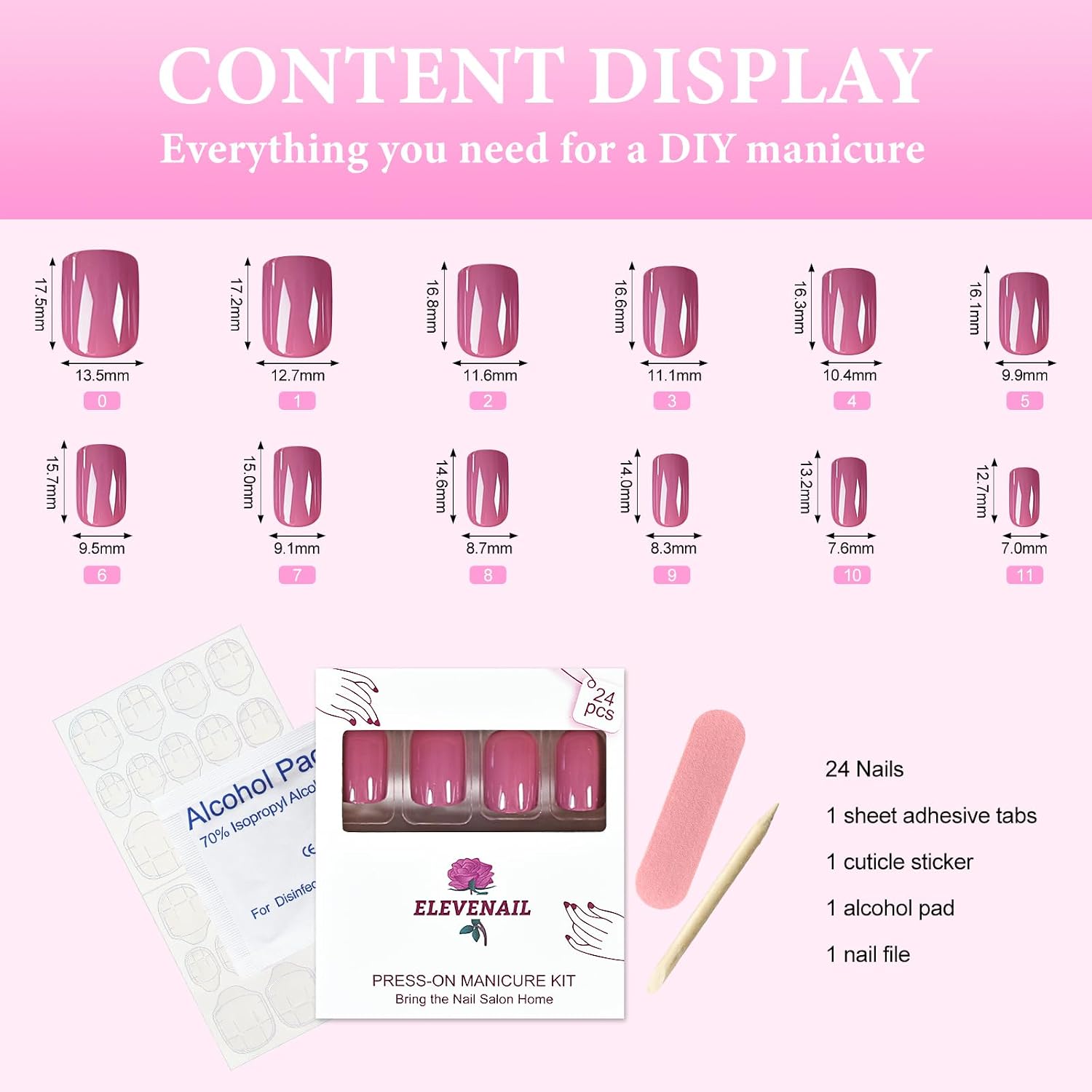ELEVENAIL Daily Glossy Deep Purple Pink Red Press on False Nails Short Square Fake Fingernails Salon DIY Reusable Acrylic Nail Art Tips Manicure Gifts with Adhesive Tabs Nail File : Beauty & Personal Care