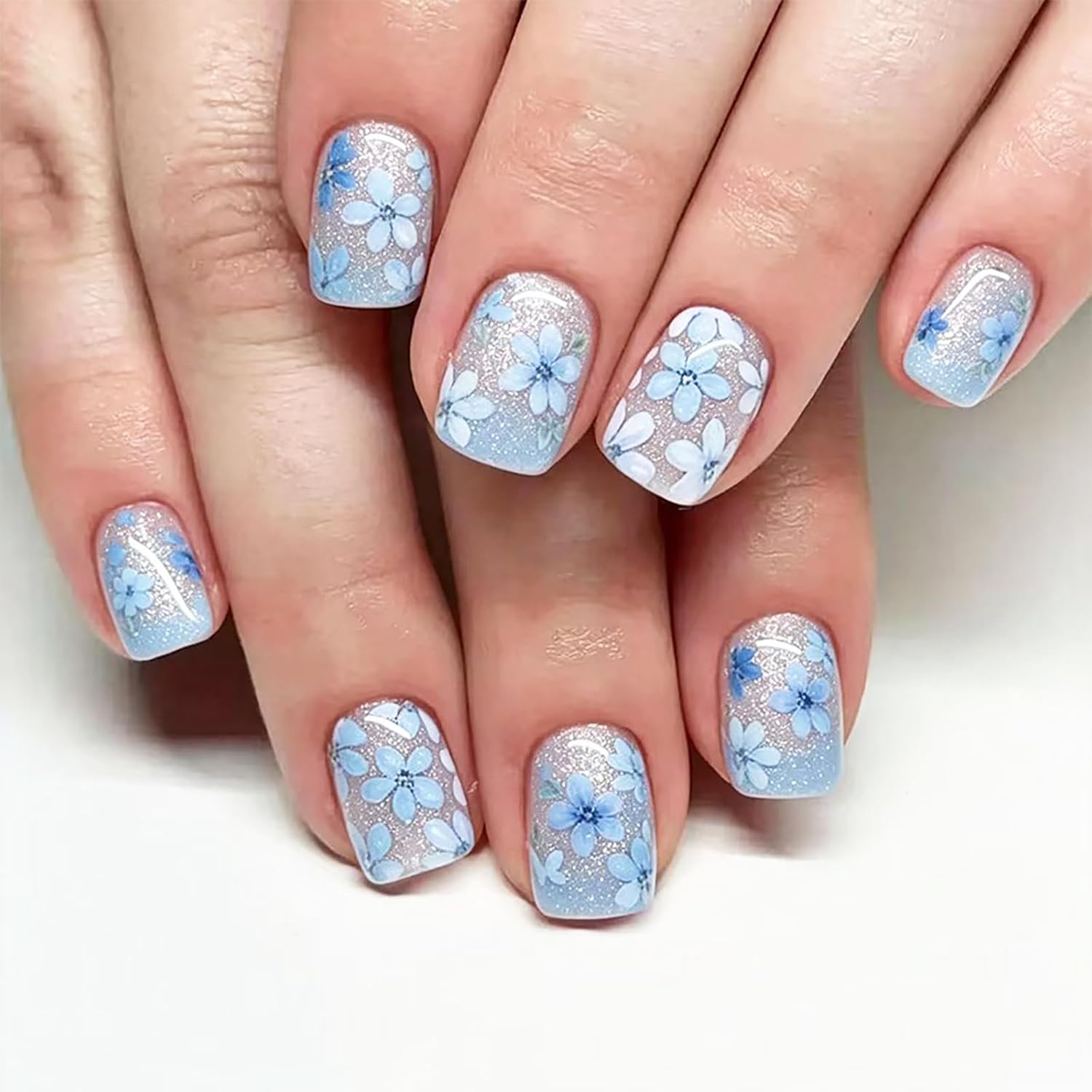 24Pcs Colorful Flower Press-On Nails - Short. Square. Fake. Spring-Summer Nail Art Set. Light Pink Acrylic. Full Cover Glossy False Nails for Women & Girls : Beauty & Personal Care