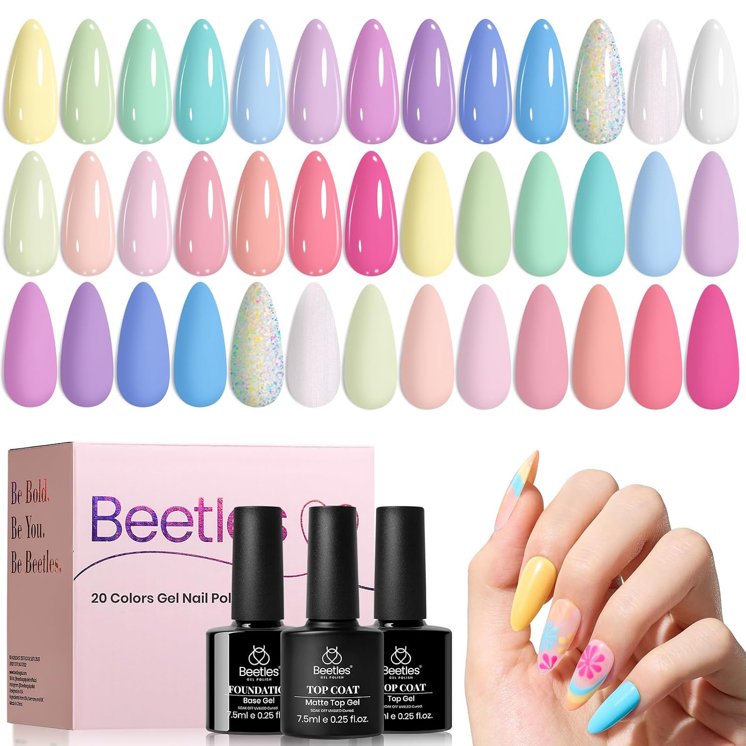 Beetles 44pcs Gel Nail Polish Set - 36 Colors Colorful Muse Gel Polish Kit Pink Nude Red Yellow Green Black White Glitter Nail Kit Base Top Coat UV LED Needed Salon DIY Home Gift for Women : Beauty & Personal Care
