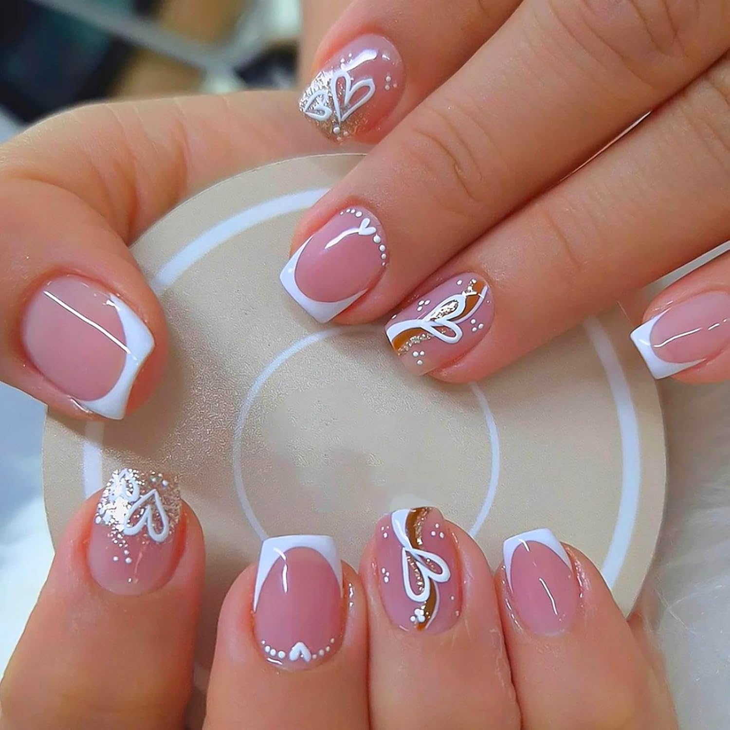 RUOKEXIN Heart Press On Nails Medium Square Fake Nails Glitter Glossy Acrylic False Nails with Rhinestones Designs Ombre Pink Full Cover Press Ons Fall Winter Holiday Stick on Nails for Women 24Pcs : Beauty & Personal Care