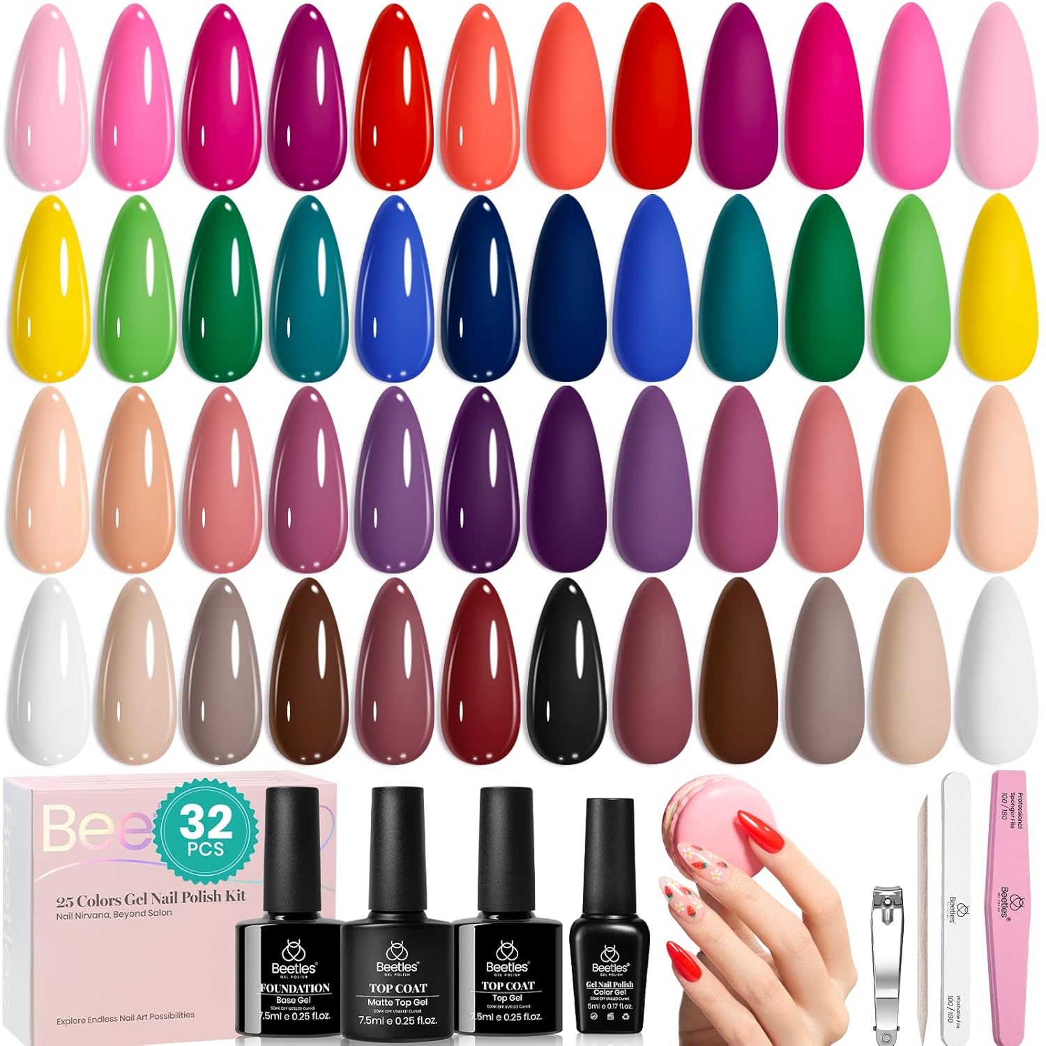Beetles Summer Gel Polish Set - Fingertip Palette. 32 Colors Polish Set with Base Top Coat Pink Red Blue Purple Brown Yellow Green Black White UV LED Lamp Nails Gifts for Women : Beauty & Personal Care