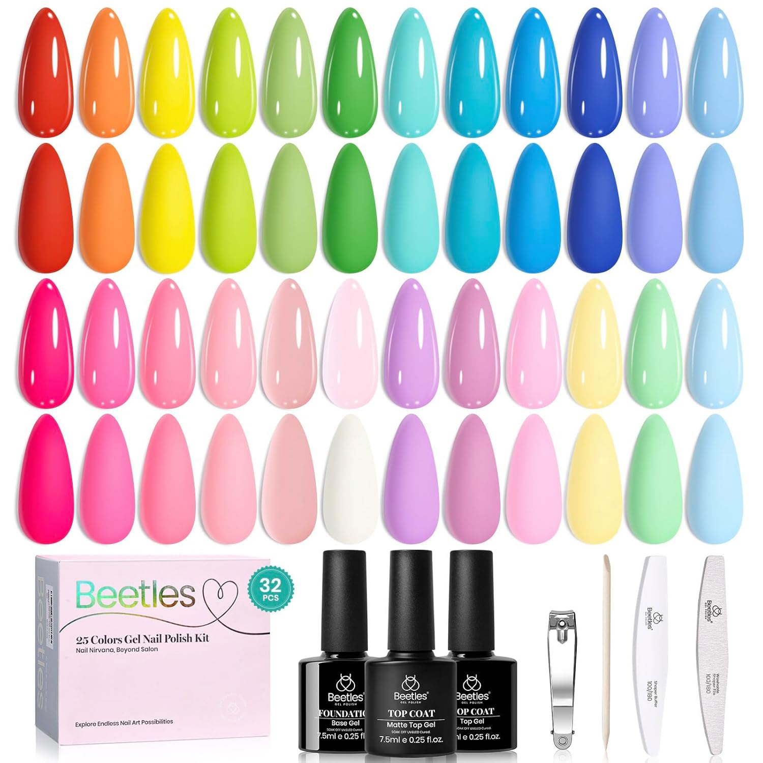 Beetles Summer Gel Polish Set - Rustic Sonata 25 Colors Yellow Orange Blue Pink Bright Gel Polish with Base Coat Glossy & Matte Top Coat DIY Salon Soak Off UV Led Nails 4th of July : Beauty & Personal Care