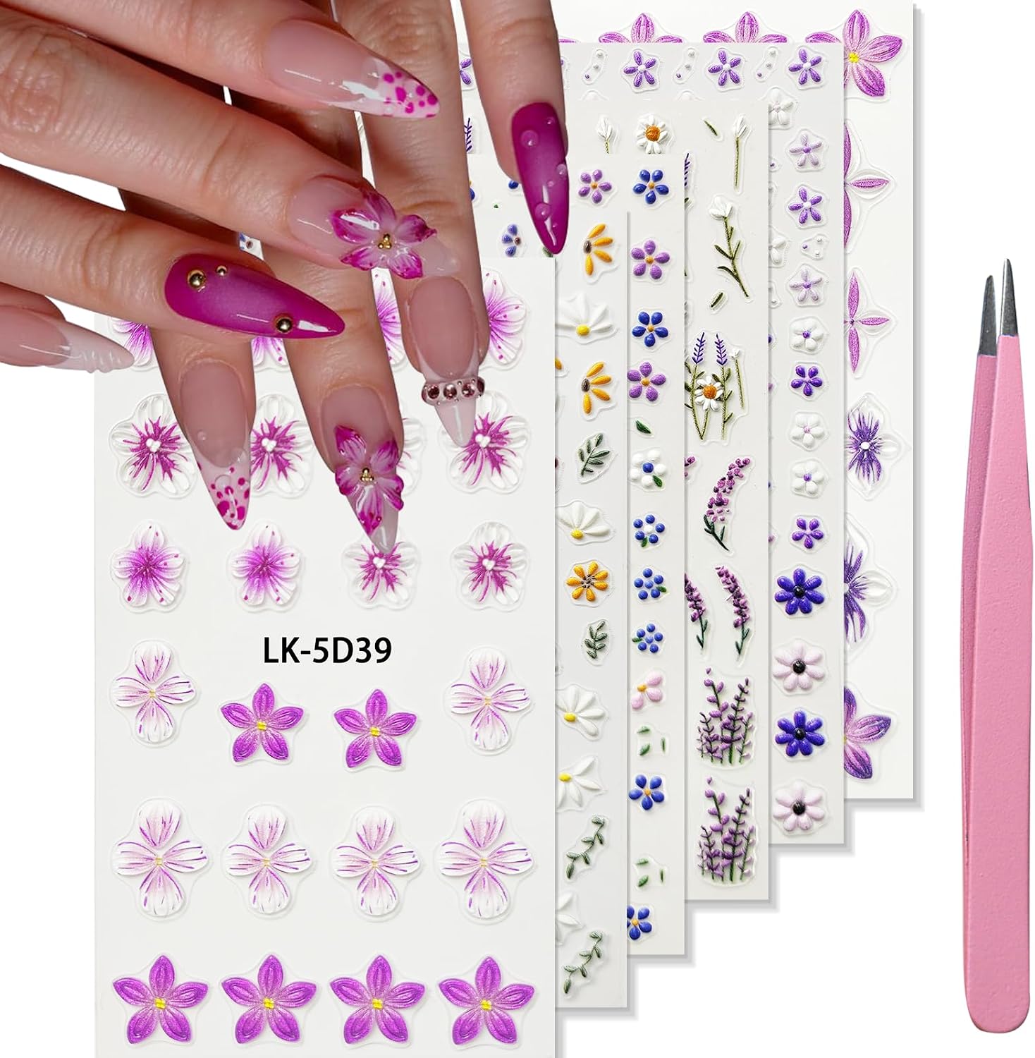 YOSOMMK Nail Art Stickers Decals 5D Embossed Flower Nail Decals Self Adhesive Spring Summer Heart Daisy Nail Supplies 3D Nail Design for Women Nail Decoration Colorful Flower Nail Stickers : Beauty & Personal Care