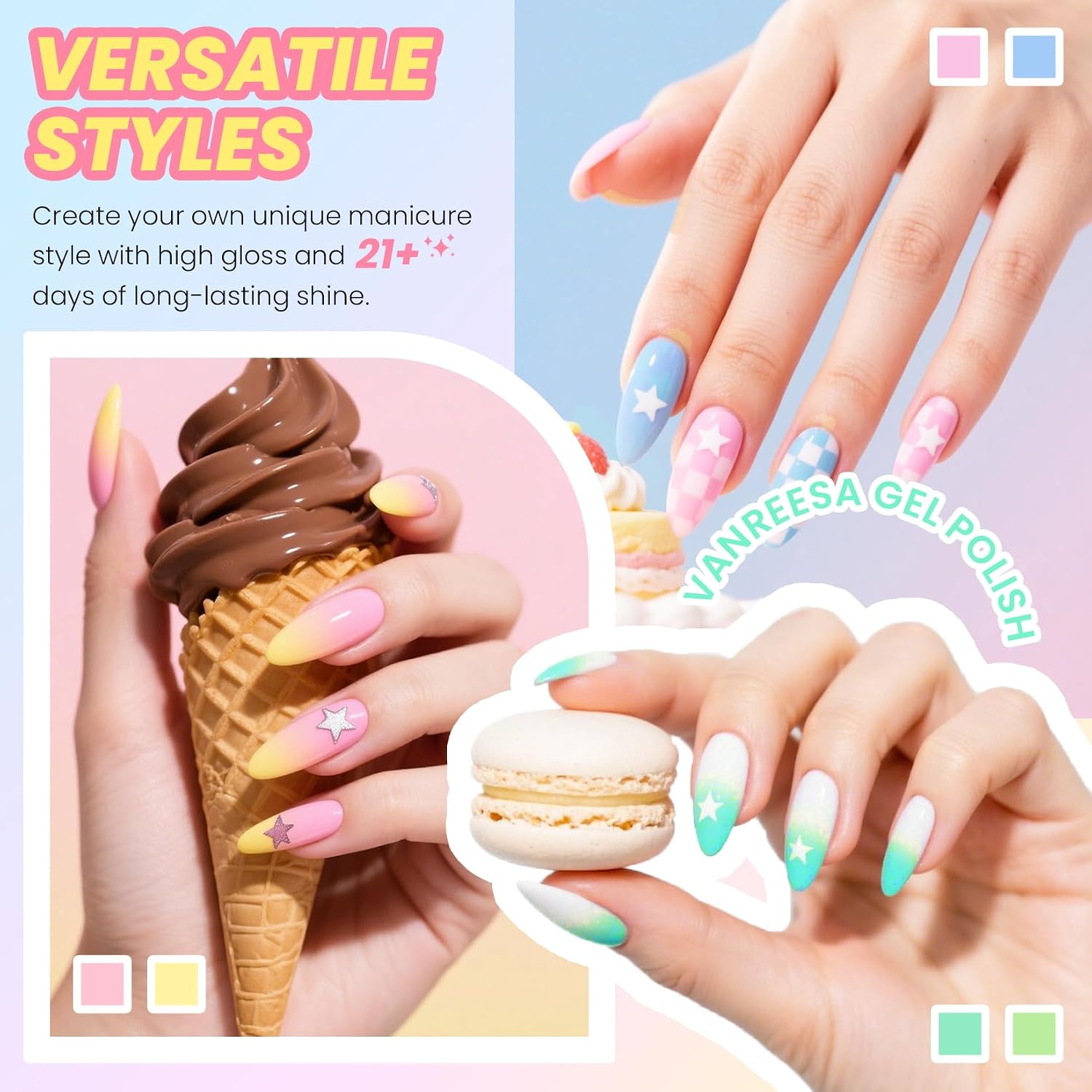 VANREESA 24 Pcs Pastel Gel Nail Polish Set. 21 Colors Spring & Summer Gel Polish with Base Coat Glossy & Matte Top Coat Yellow Green Blue Pink Purple Orange Gel Polish Kit Nail Kit Gifts for Women : Beauty & Personal Care