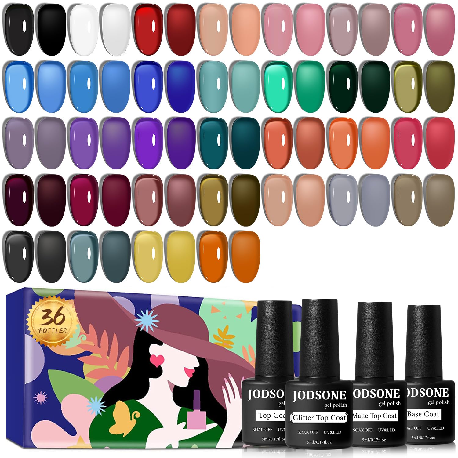 JODSONE Gel Nail Polish Kit 60 PCS with U V Light Soak off Base Top Coat 55 Shine Colors Gel Nail Kit Bright and Dark Brown Wine Red Series Manicure Set for Women and Girls : Beauty & Personal Care