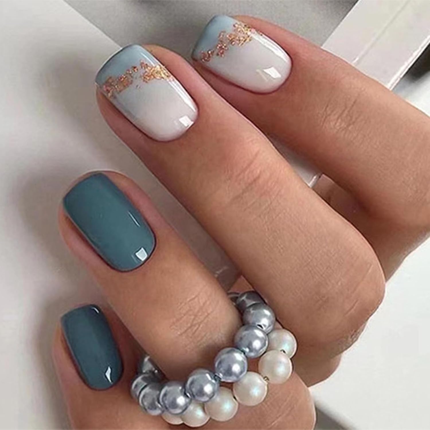 Square Press on Nails Short Sea Blue Fake Nails Glossy Acrylic Nails Press ons Full Cover False Nails with Golden Glitter Designs Glue Stick on Nails for Women Girls 24 Pcs : Beauty & Personal Care