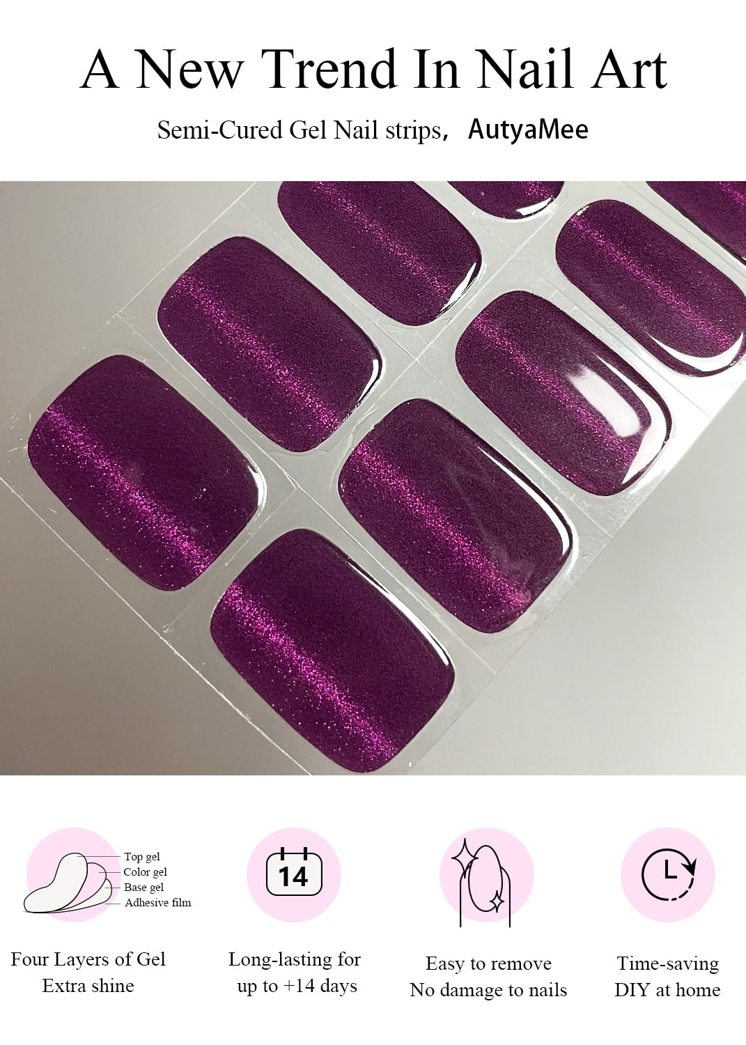 AutyaMee Semi Cured Gel Nail Strips (Deep Plum Cat Eye). Dark Purple. 20 Pcs Gel Nail Wraps. Stickers. UV Light Required. Salon Quality. Long Lasting : Beauty & Personal Care