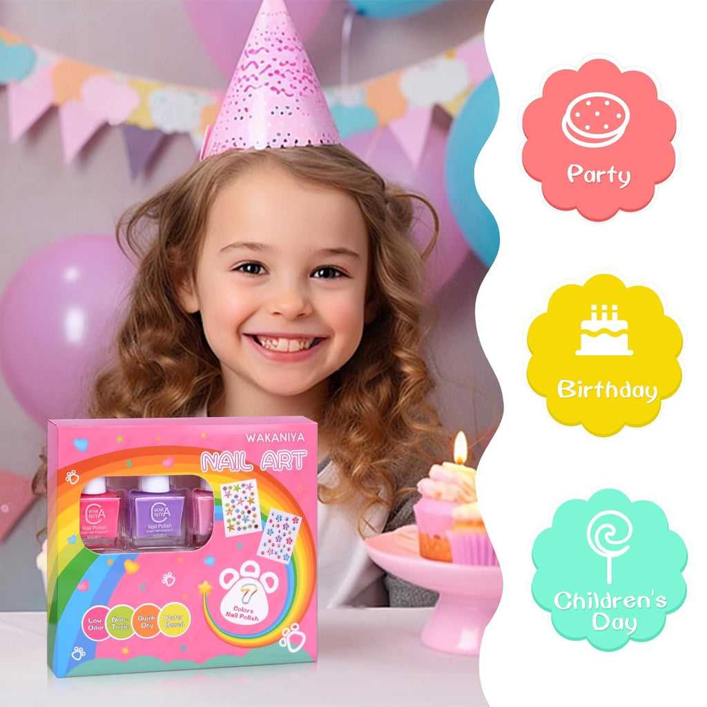 wakaniya Kids Non Toxic Nail Polish Set for Girls with Gems Nail Stickers. 7 Color Peel-Off Low Odor Nail Polish for Toddler : Beauty & Personal Care