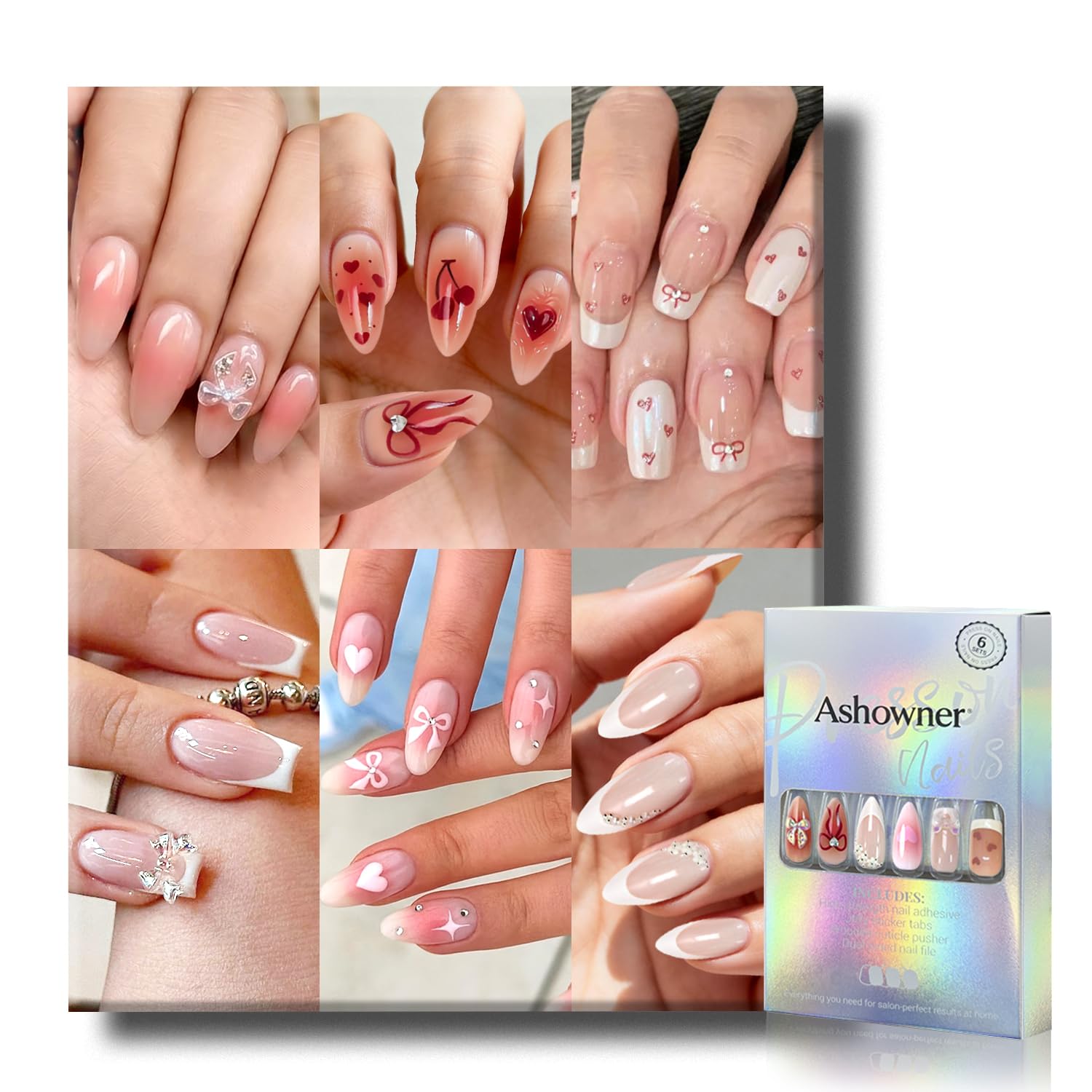 6 Packs (144 Pcs) | Reusable Press on Nails | Stick on Nails 12 Sizes-6 Styles | Cute Bow Nails : Beauty & Personal Care