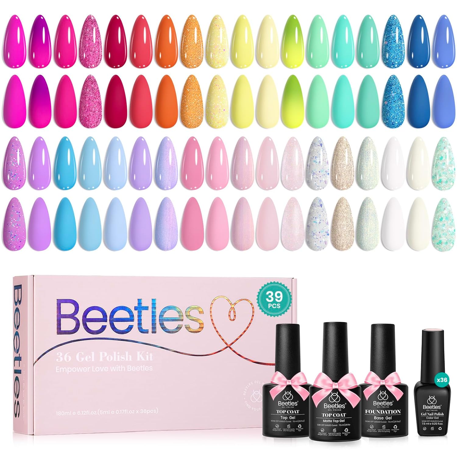 Beetles 44pcs Gel Nail Polish Set - 36 Colors Colorful Muse Gel Polish Kit Pink Nude Red Yellow Green Black White Glitter Nail Kit Base Top Coat UV LED Needed Salon DIY Home Gift for Women : Beauty & Personal Care