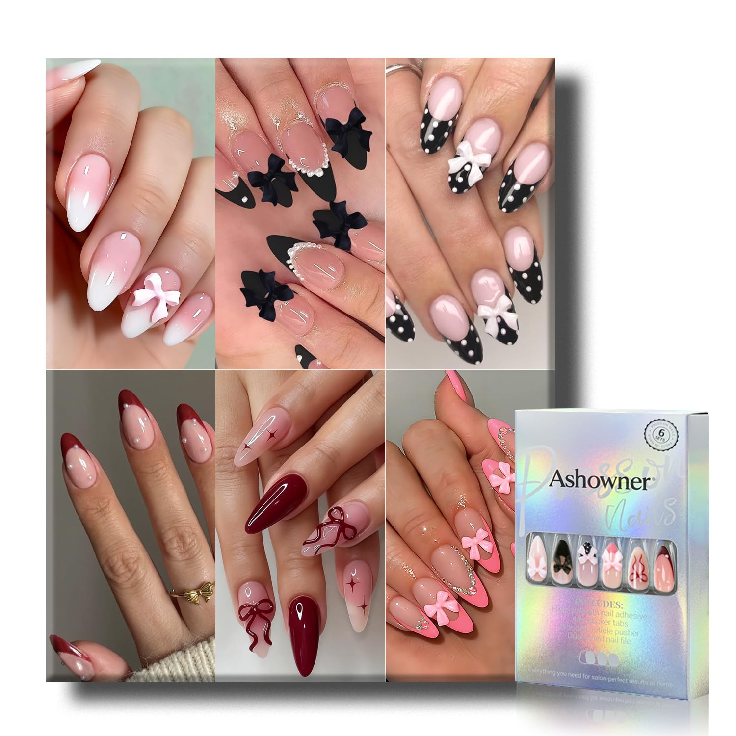 6 Packs (144 Pcs) | Reusable Press on Nails | Stick on Nails 12 Sizes-6 Styles | Cute Bow Nails : Beauty & Personal Care