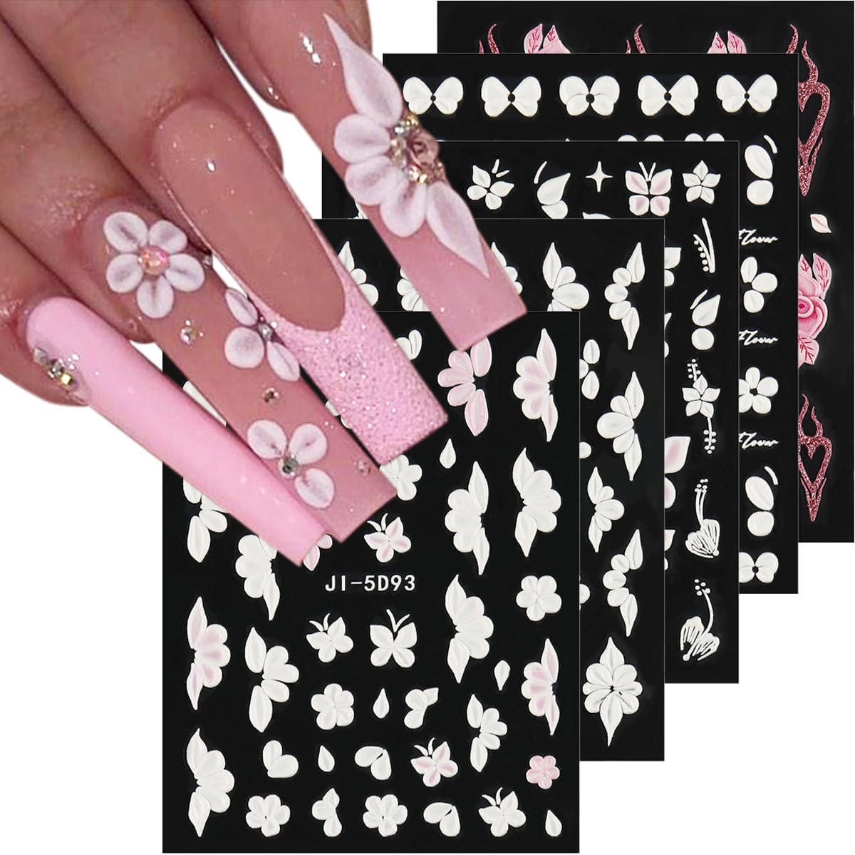 Fcozpjk 5D Embossed White Flowers Nail Stickers. 5 Sheets Self-Adhesive Floral Nail Decals. Spring Rose Butterfly Nail Art. 3D Acrylic Flowers for Manicure Decor : Beauty & Personal Care