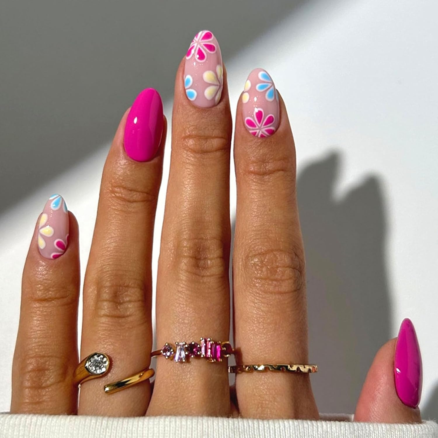 Short Press On Almond Fake Nails - Flower Acrylic Fall Nails Press Ons Full Cover Glue On Cute False Floral Stick On Nails for Women - 30 Pcs : Beauty & Personal Care