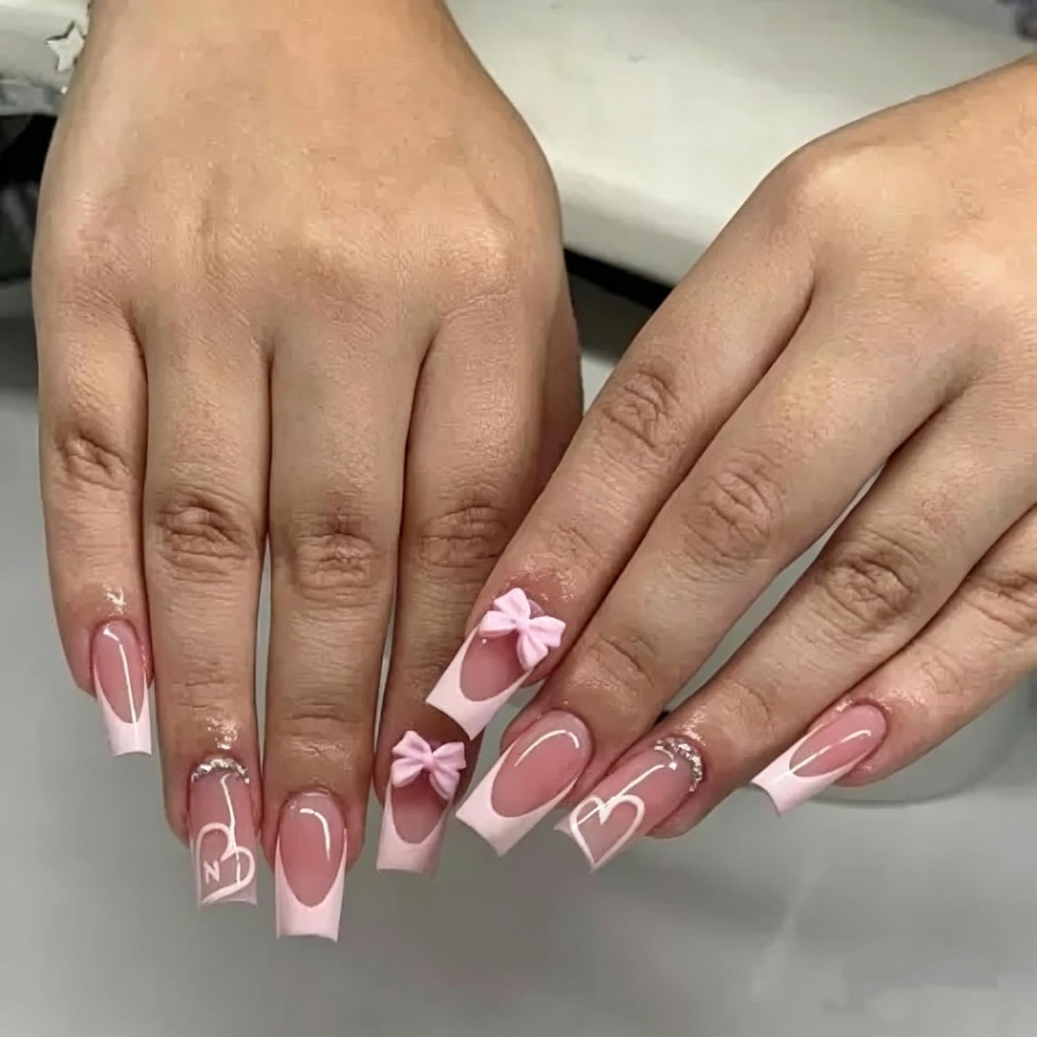 CTTHNBD Medium Press on Nails Coffin - Black French Tip Fake Nails with Bow Charms Design - Heart False Nails Press ons - for Women 24 Pcs : Beauty & Personal Care